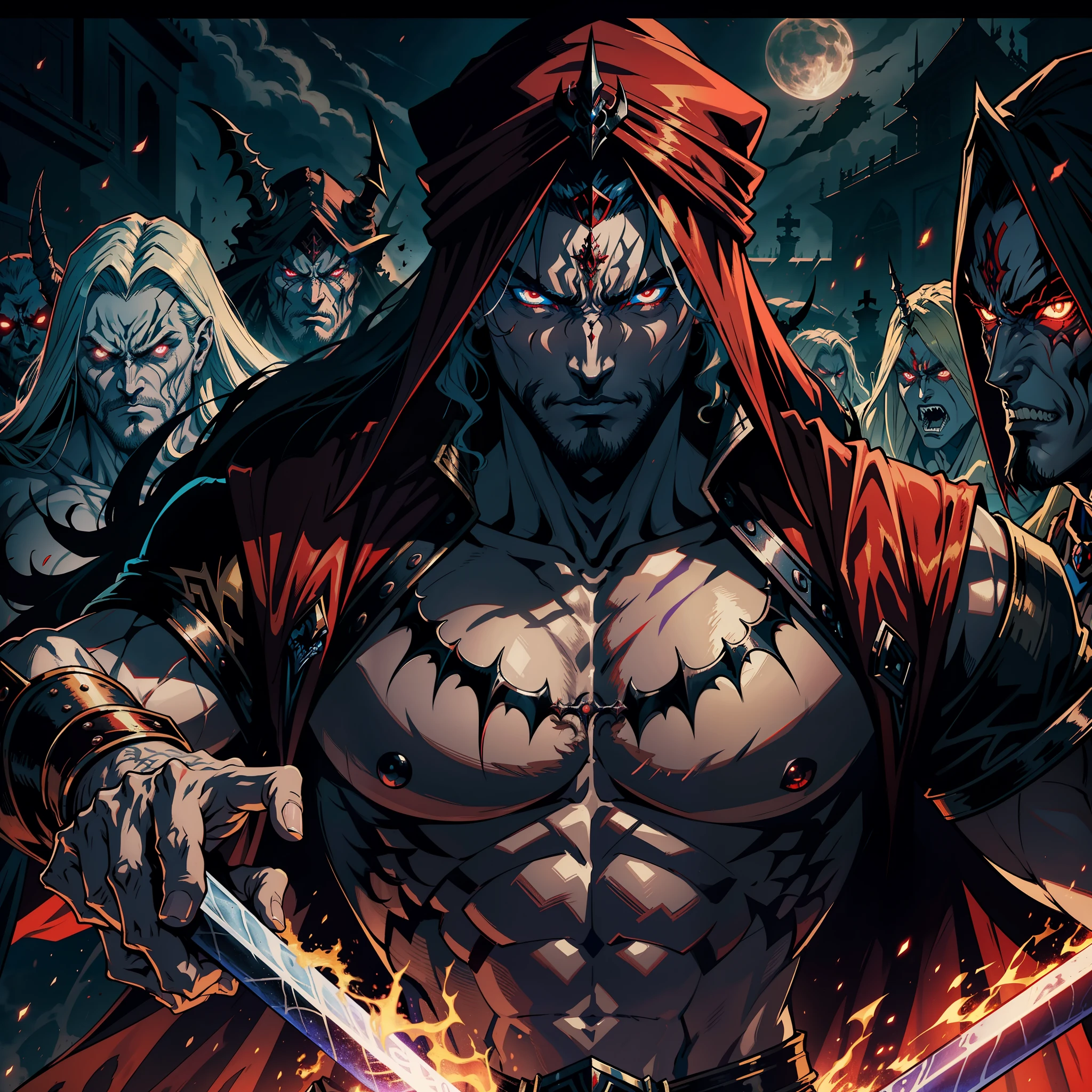 Castlevania Hyper Realistic Shadow Lord Super Detailed Dynamic Shot Master Piece of Lord Dracula Medieval Arab Warrior with Red Turban Scary Face Hokuto No Ken Structure Muscular Face Kenshiro Leading troops Army of demons to fight sharp details Cinematic Scenes Epic Movie Hyper Realistic Legendary Movie Epic Movie