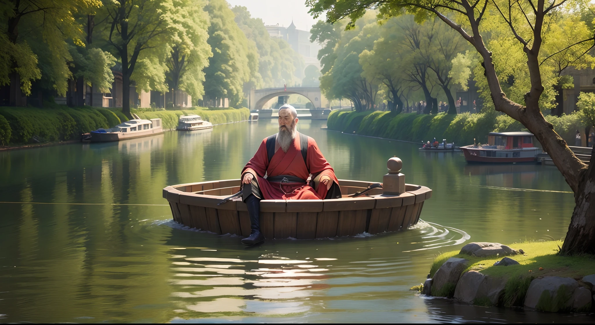 include the Chinese philosopher Laozi in the middle of the Seine, sentado, pensativo, sereno