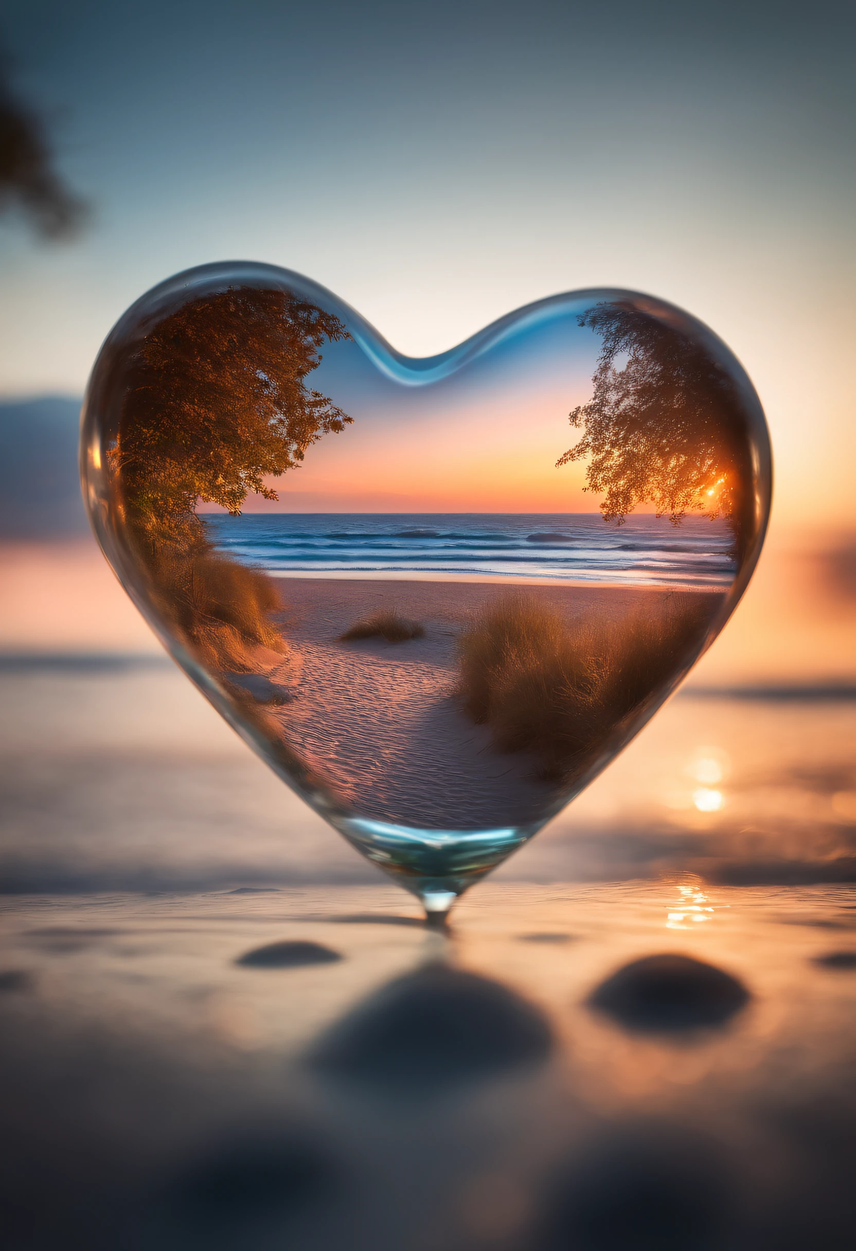 Double exposure of a glass heart, immersed in a soft and romantic atmosphere.  Use the double exposure technique to create a vivid, dynamic image.  Inside the glass heart, visualize a beautiful summer landscape with a picturesque summer bungalow in front of a beach with waves set amidst the vibrant summer sunset, all crafted using the tilt-shift technique, 3D effect and sharp contrast.  Around the glass heart, the atmosphere should resonate with love and romance, with soft pastel tones and warm lights creating a mesmerizing and inviting setting.  Ensure that the autumnal landscape and the charming cottage inside the glass heart have a vibrant and detailed appearance, forming a peaceful and romantic setting that blends harmoniously with the tender and romantic surroundings.
  Required for this effect: Alchemy, PromptMagicV3, PhotoReal or DreamShaperV7