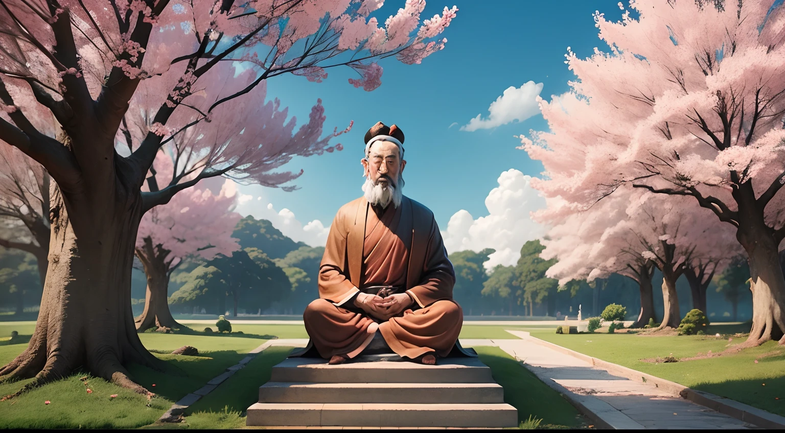 Chinese philosopher Laozi, sereno, pensativo, em uma floresta de bambus