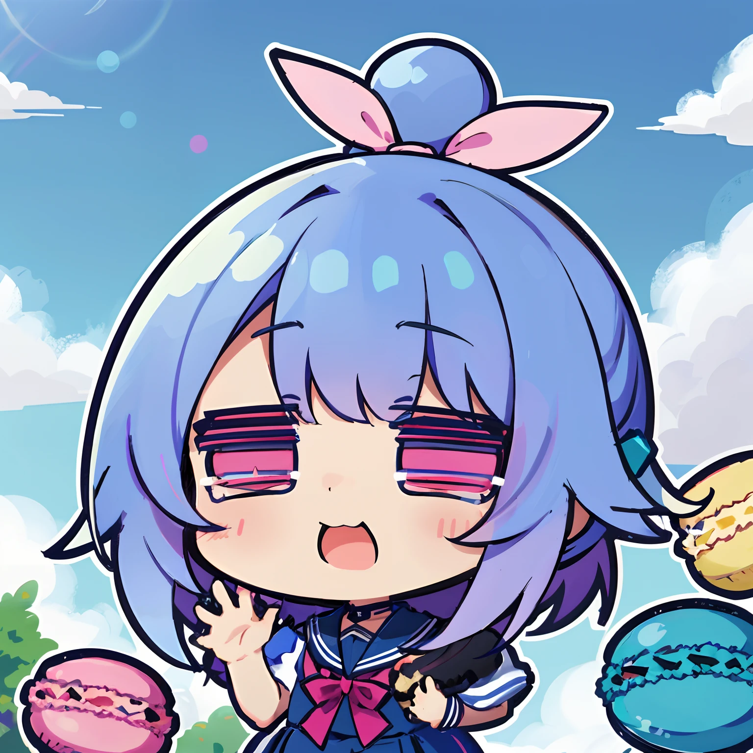 Anime girl with blue hair and pink glasses holding donuts, anime moe art style, Shirabii, hololive, Lori, Chibi, 2 d anime style, shikamimi, booru, Mikudayo, Kantai Collection Style, Wallpaper!, rimuru, macaroons, lucky star, Stylized anime, splash art anime loli, lolish