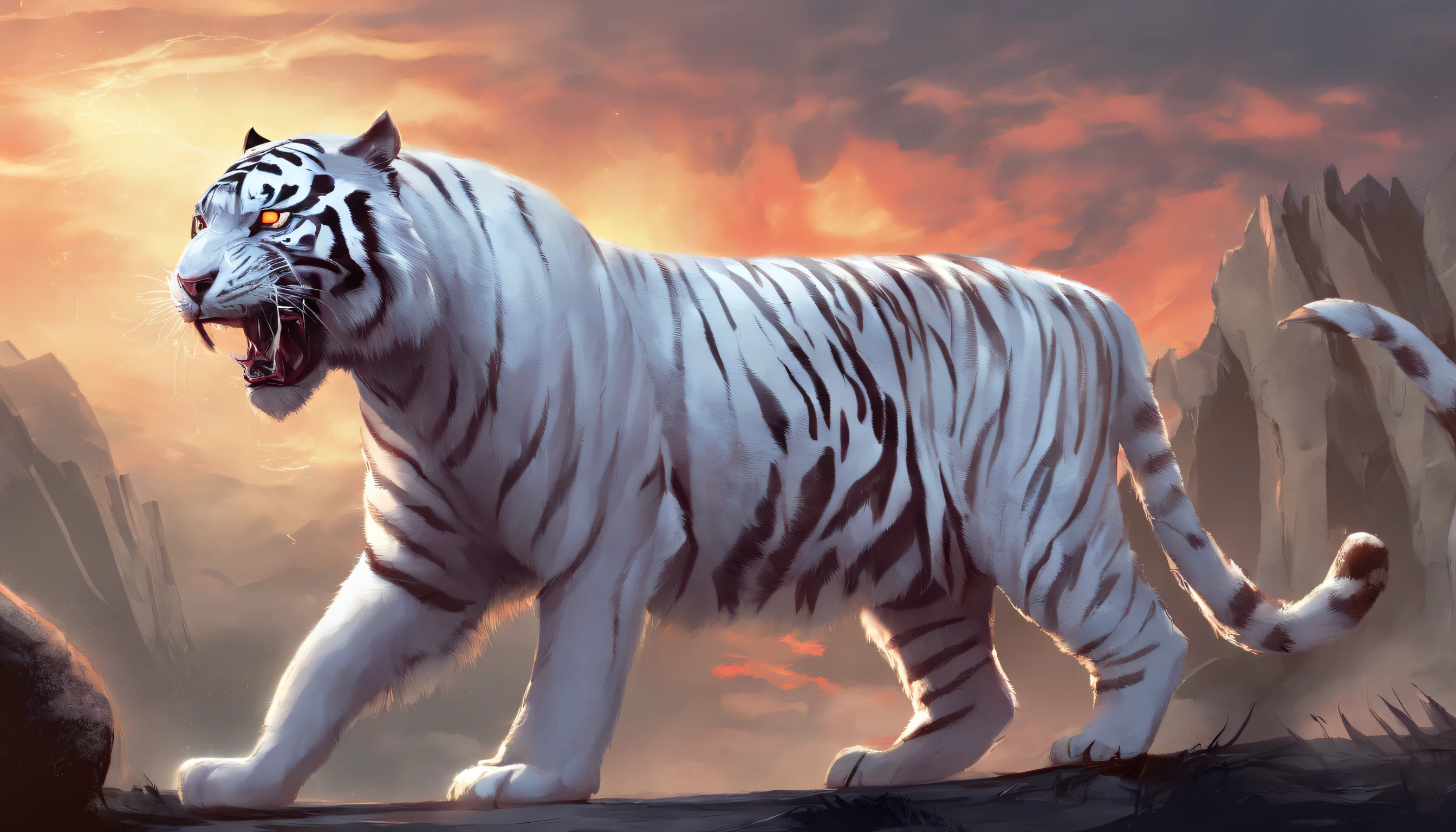 ，the white tiger，long fangs，（buck teeth），tosen，Ferocious，gargantuan，The eyes glow red，Glow effects，High hills，Cloud fog，the night， highly detailed surreal vfx，oc rendered，