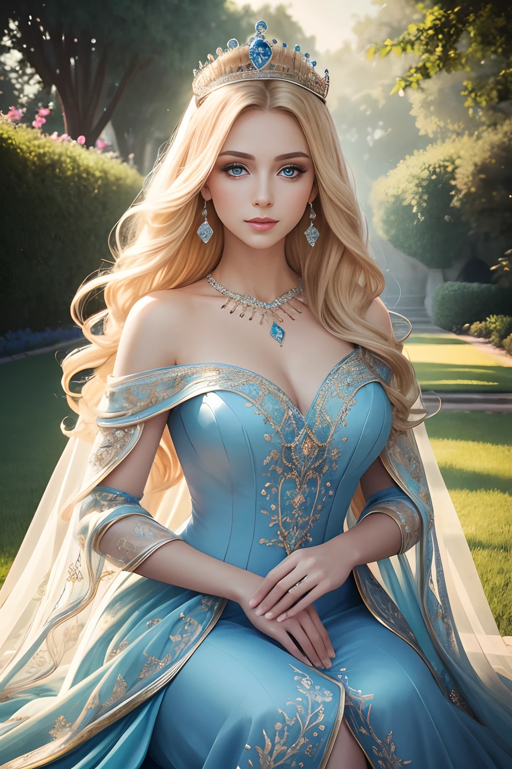 best quality,highres,ultra-detailed,realistic,full body shot of a blonde princess,beautiful detailed eyes,beautiful detailed lips,extremely detailed eyes and face,long eyelashes,princess in a blue royal gown,dazzling and colorful makeup,elegant and regal pose,sparkling crown and jewelry,royal garden as the background,soft and natural lighting,vivid colors,fine brush strokes,portrait style,exquisite details of the dress material,gorgeous color palette,luminous skin,top-notch rendering capturing every little detail,enchanted atmosphere,subtle shadows and highlights