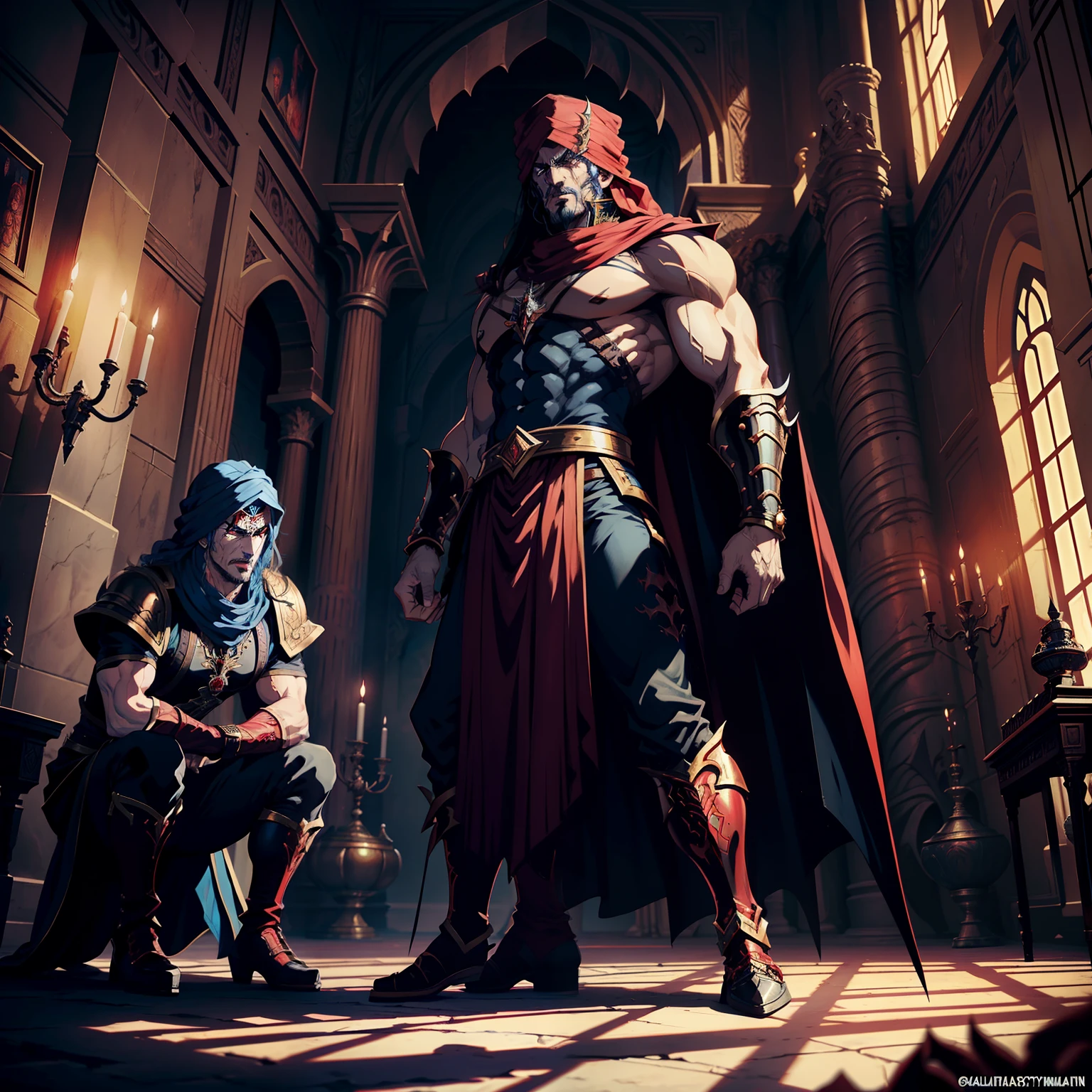Castlevania Hyper Realistic Shadow Lord Super Detailed Dynamic Plan Master Piece of Lord Dracula Medieval Arab Warrior with Red Turban Scary Face Hokuto No Ken Structure Muscular Face Kenshiro Talking to His Warriors in Moroccan Castle Interior Great Super Detailed Hyper Realistic Architecture Dynamic Shot Scene Cinematic Scenes Epic Legendary Movie Scenes