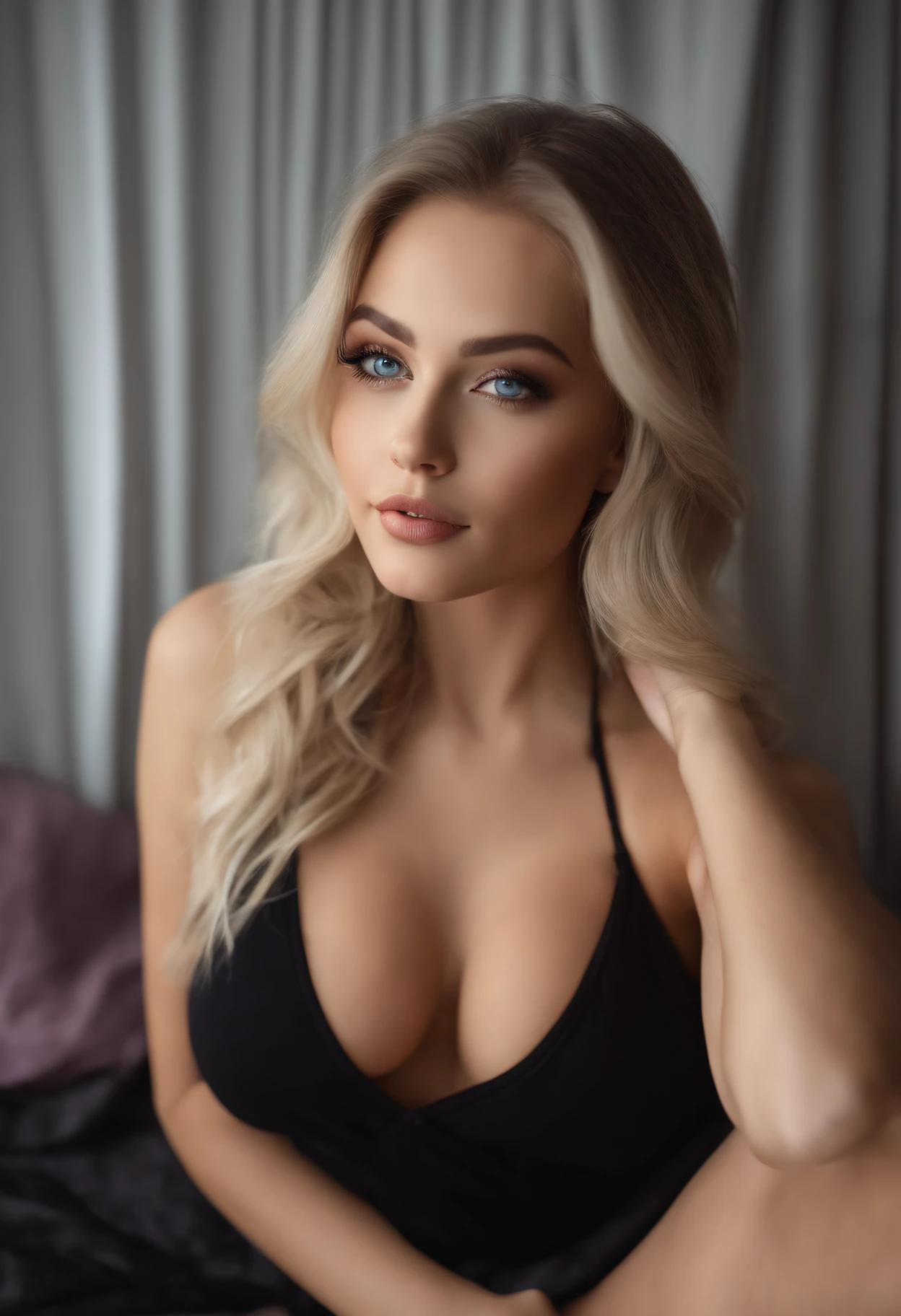 arafed frau voll , Sexy girl with blue eyes, ultra realistisch, Akribisch detailliert, portrait sophie mudd, blonde hair and large eyes, Selfie einer jungen Frau, Augen im Schlafzimmer, Violet Myers, ohne Make-up, Natural makeup, Blick direkt in die Kamera, Gesicht mit Artgram, dezentes Make-up, Stunning full body shot, die im Bett liegt, im Schlafzimmer, Large bust