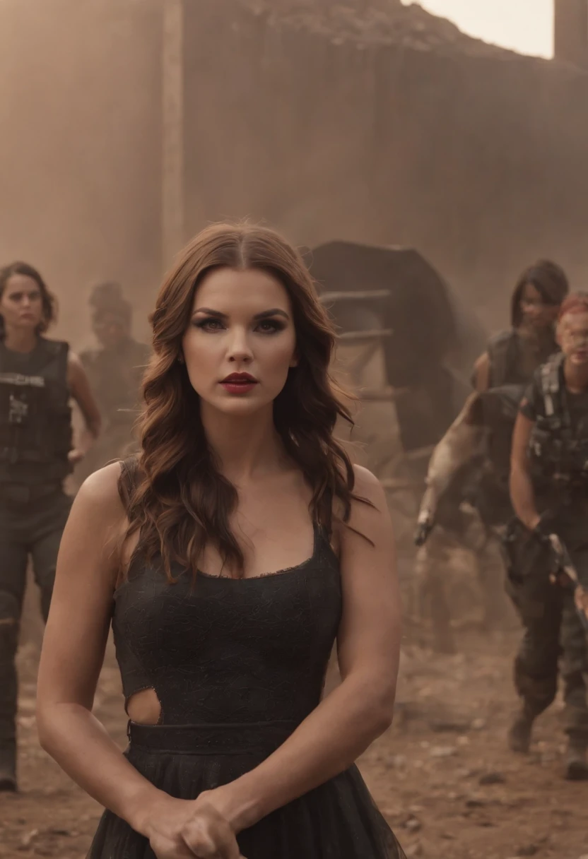 Zombified woman dressed in futuristic leotard standing still in a horror sci fi scenario, desert planet, a crowd in the background, desertic ambient, another planet, crowd behind her, cinematic horror sci fi, ultra detailed, photorealistic, masterpiece.