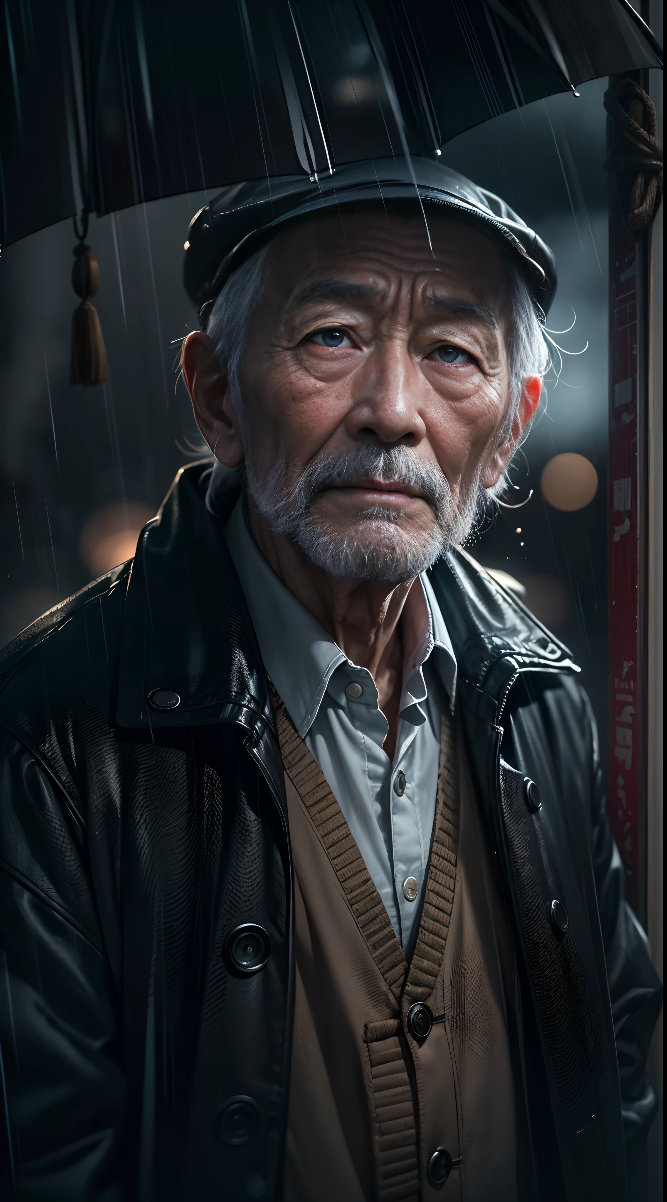 A 90-year-old Chinese grandfather walking on a rainy night,White beard and white eyebrows,Ultra-detailed detailing,Highlight the atmosphere of despair and loneliness,Ultra-realistic seniors,Aging on the face is vividly depicted,Age spots,Real wrinkles,Extreme light and shadow,Aurora chase,Extremely strong reflected light,Extreme ambient light,Hyper-realistic,tmasterpiece,Night of heavy rain,The rain drenched the whole body,(Extremely complex eye details:1.3)His face was filled with sadness and sadness1.2,(ultra-realistic realism:1.3)rendering by octane,CGSociety trends,8K,HighestQuali,(Black pupil 1.1)