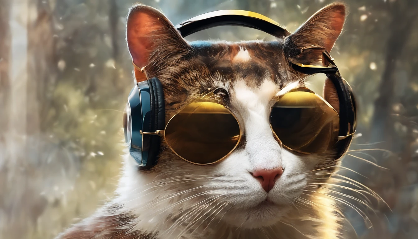 um gatinho bonito, Use uma jaqueta de estudante, wearing sunglasses, Usando fones de ouvido, Standing position, beleza abstrata, Centrado, looking at the camera, Facing the camera, nearing perfection, Dynamic, luar, altamente detalhado, pintura digital, art stations, Conceito-Arte, liso, foco nítido, 8k, high-definition resolution, illustration, arte de Carne Griffiths e Wadim Kashin,