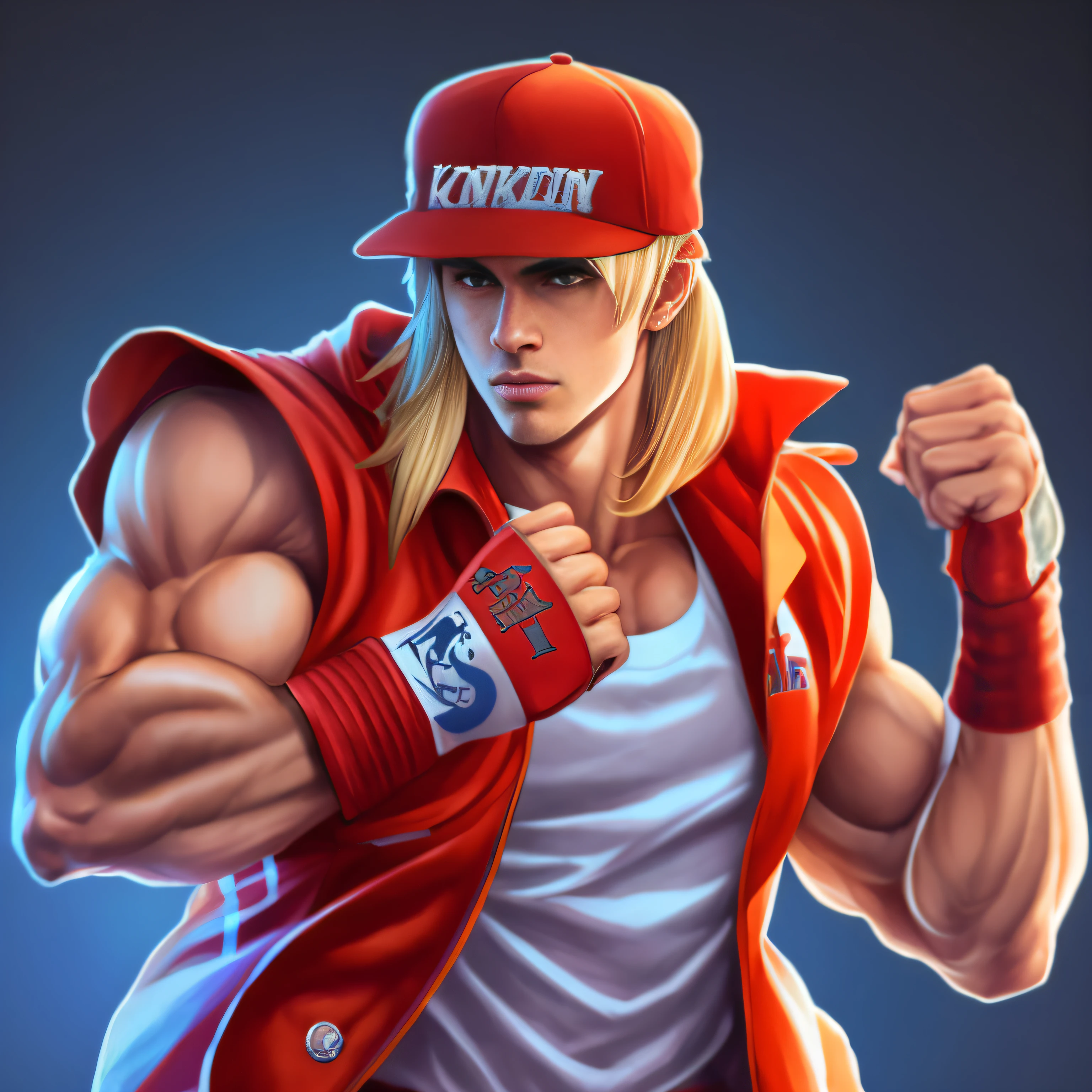 A closeup of a person with a baseball cap and a jacket, personagem de jogo de luta, Personagem de King of Fighters, como personagem em tekken, Pose de lutador, Estilo Rei dos Lutadores, Iconic character of high detail, muscular character, muscular male hero, impressionante estilo de arte detalhado, Personagem altamente detalhado, No estilo de Kyrill Kotashev, arte de personagens de videogame