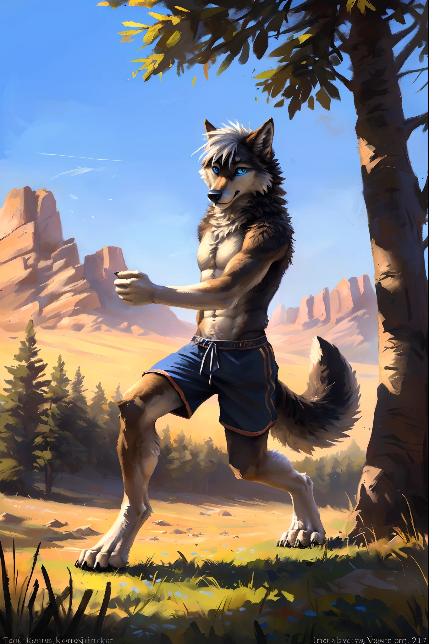 ((Solo)), male people, anthro wolf, (Multi-colored fur, White-brown:1.3,White tail pointed), ((Wolf face, White hair, Big eyes, White eyelids, Blue pupil, Slim:1.2) (Tough, Calm expression:1.2)), Abs, Slim, pinging)), (Correct anatomy), (Work shorts:1.1), The upper body is naked, (detailed outfits),A big tail,Feet,(Realistic fur, Detailed fur texture, labeled:1.3)), (Natural lighting), Photorealistic, Hyperrealistic, ultradetailed, by Kenket,Endless grasslands,There are no trees,There are no big stones,No artificiality,erect through,Running on