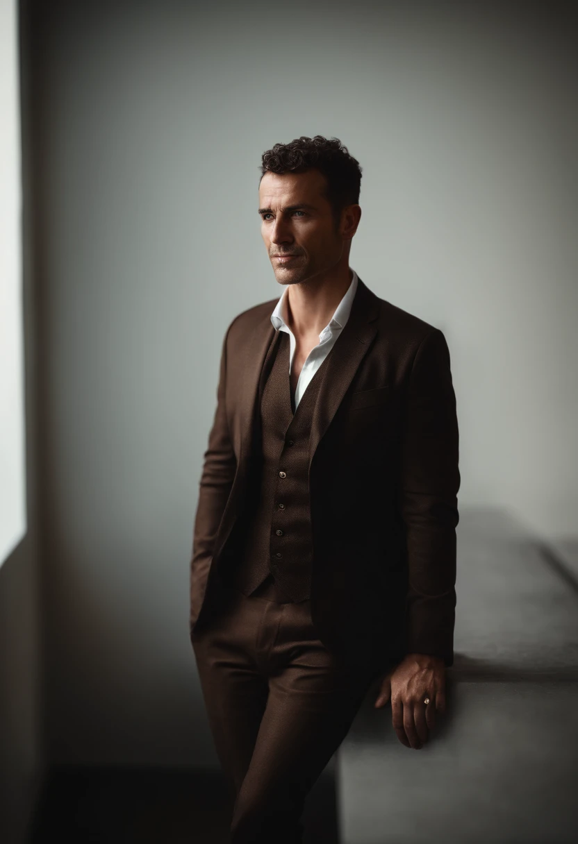 cinematic portrait , assassins creed mirage basim, Tall and fit, (40years old:1.1), (Shaven:1.2), (Very short brown hair, slightly curly:1.5),(extremely short hair:1.6). black tight suit, white shirt . minimalist background, Own composition, Strong Details, Muted colors, hasselblad, Raw Style