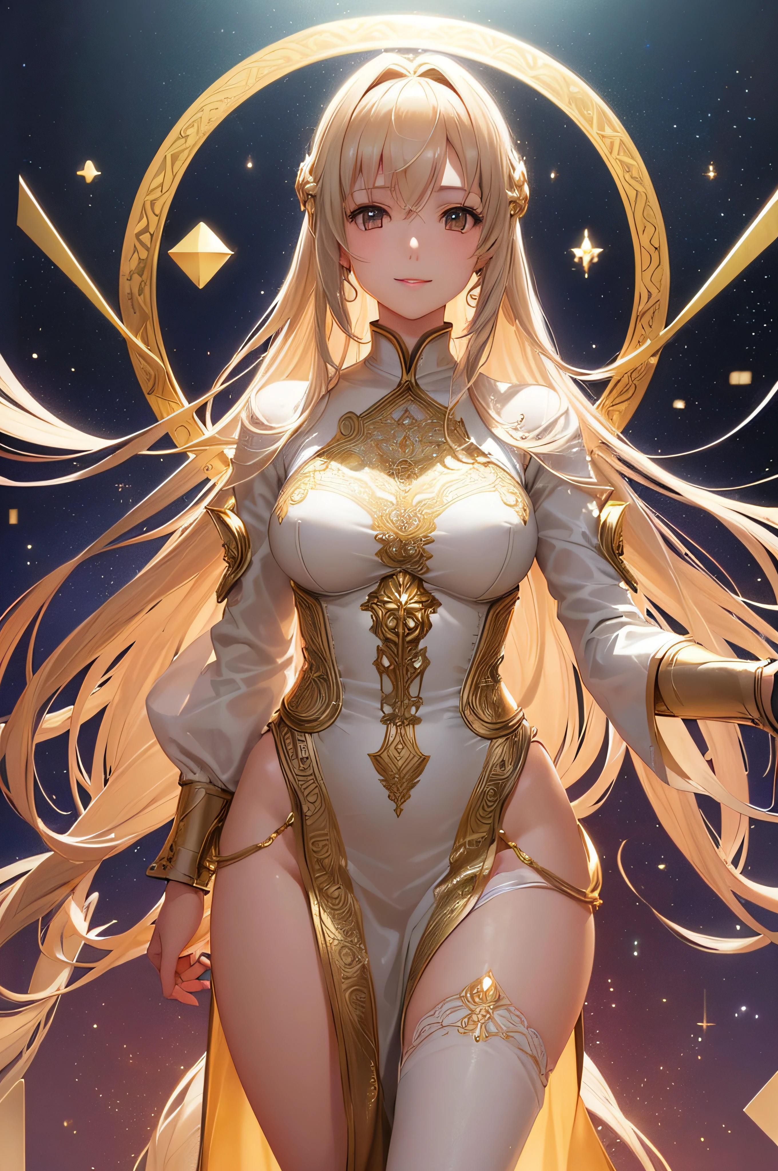 30 year old woman, sexy range murata, last exile, (((Masterpiece))), ((((Best quality)))), (((Ultra-detailed))), (CG illustration), ((Extremely delicate and beautiful)),(Cute and delicate face),Cinematic light,galaxy (complicated background, complicated decorations,((angelicl girl)),Solo, full bodyesbian,((standing)),smiling(angelic light eminating from body),(Character focus), lace lingerie, skin has a golden glow, looks into camera, very long hair, angelic flowing hair, (geometric:1.2), gold glowing halo,