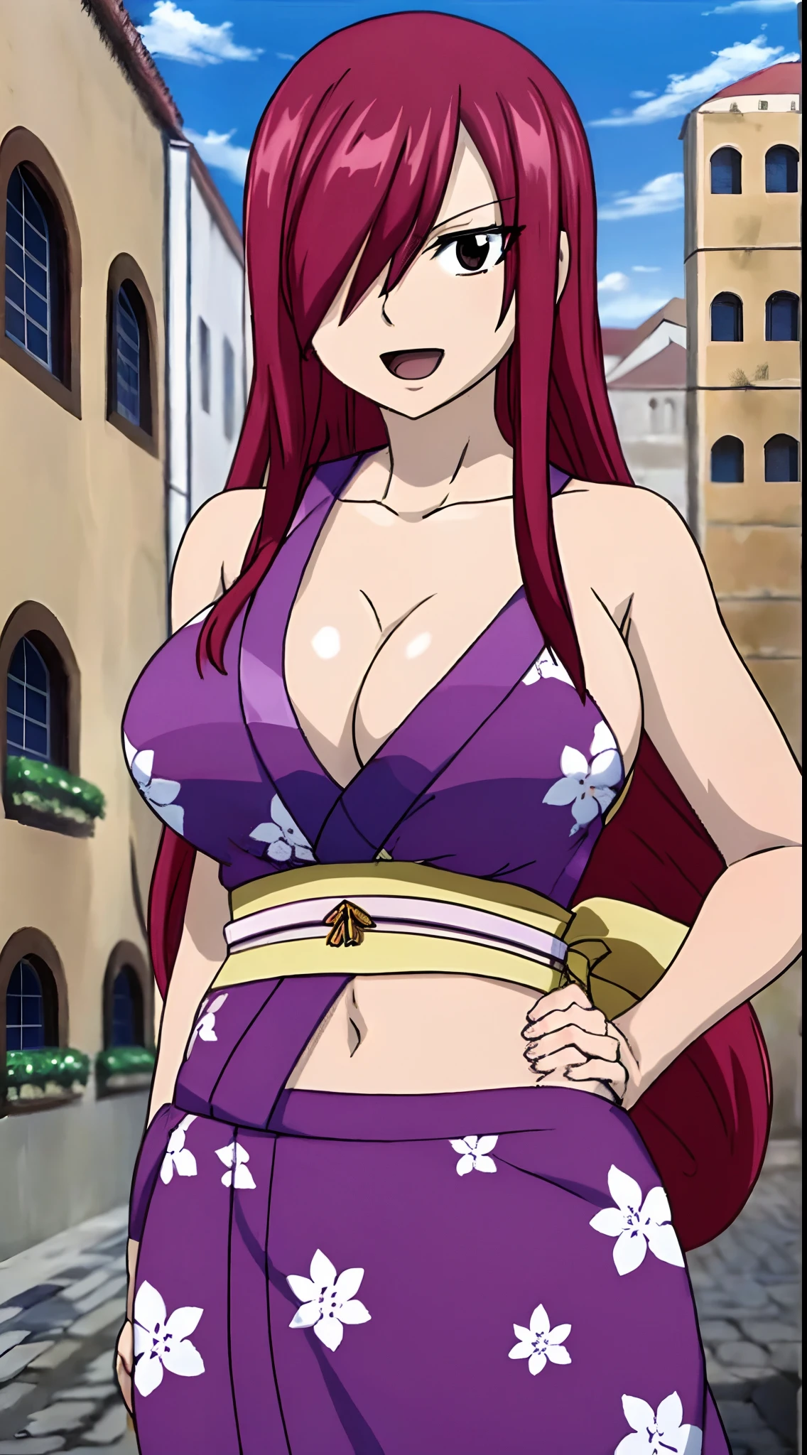 masterpiece,wearing kimono, cleavage,best quality, highres, fairy tail, 1girl, long hair, reddish hair, (bang cover one eye, one hidden eye, brown eye), large breasts, collarbone, midriff, standing, outdoors, smile, open mouth, emo hair, thick arms, broad shoulders, mature woman, (tall), wide shoulders, long belly, hands on hips, strong arms, ultra detailed arms,