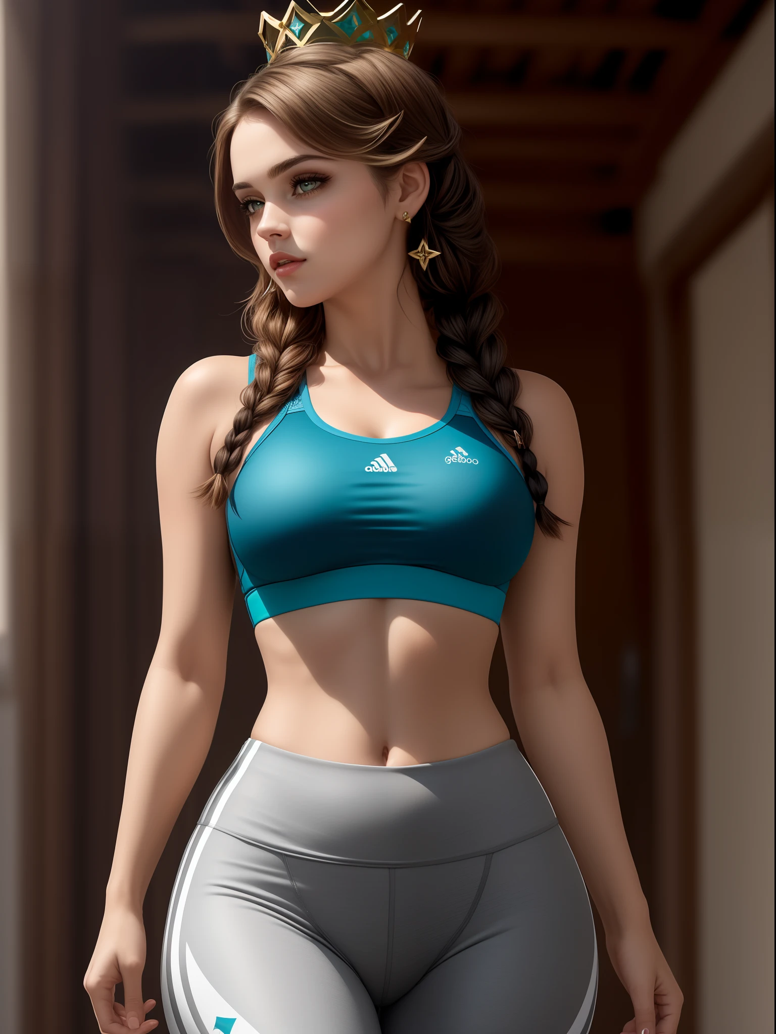 (melhor qualidade, obra-prima, detalhado:1.4), 1 GAROTA, (Selena Gomez:Emma Watson:0.8) lips closed, Postura guerreira, yoga pants and sports bra, errar, curto, quadris estreitos, Rosto redondo, pele de azeitona, Cabelos castanhos escuros, olhos castanhos escuros, Nariz estreito, thick lips, queixo redondo, cabelos longos, Cabelos Grossos, Triple Braided Crown, seios pequenos, brincos de argola, Batom creme de teal
