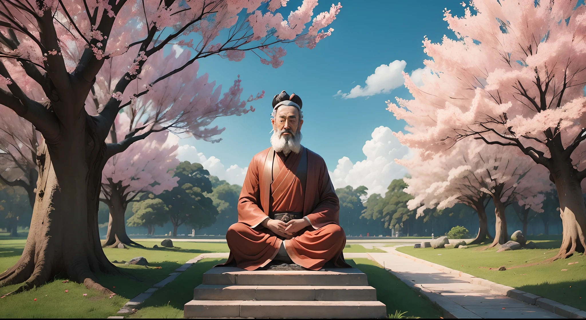 Chinese philosopher Laozi, sereno, pensativo, em uma floresta de bambus (REFAZER O ROSTO)