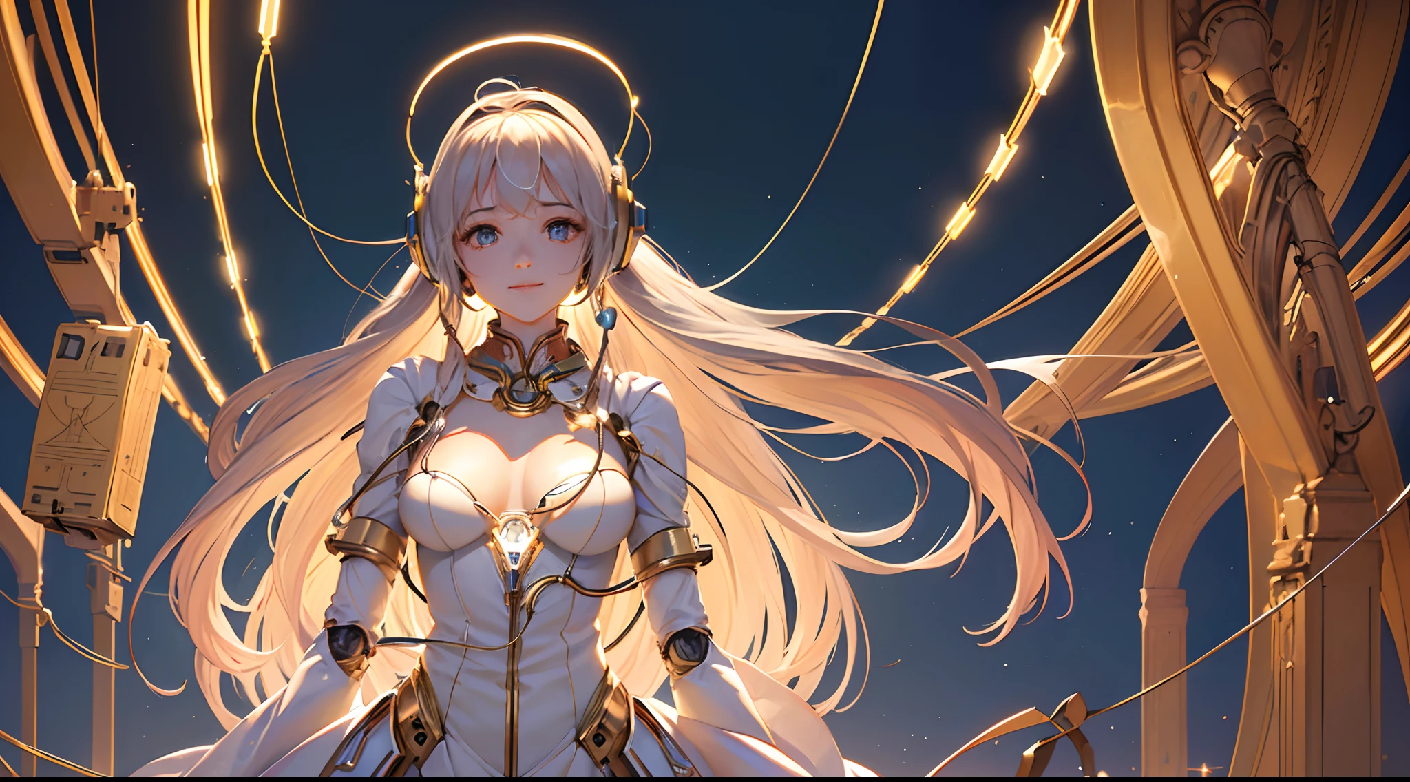 (((Masterpiece))), ((((Best quality)))), (((Ultra-detailed))), (CG illustration), ((Extremely delicate and beautiful)),(Cute and delicate face),Cinematic light,galaxy (complicated background, complicated decorations,((1 mechanical girl)),Solo, full bodyesbian,(glowing machine made joints:1.4),((glowing Mechanical limb)),((standing)),smiling(glowing Wires and cables attached to the head and body:1.5),(Character focus), large breasts, looks into camera, very long hair, flowing hair, (geometric:1.2), headphones, golden halo