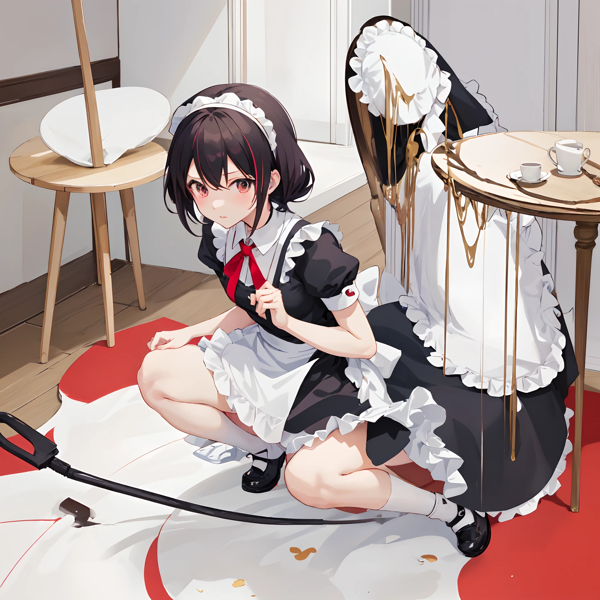 Anime girl sitting on the floor with vacuum cleaner in hand, splash art anime loli, gorgeous maid, clean detailed anime art, anime moe art style, the anime girl is crouching, beautiful anime girl squatting, maid clothes, (SFW) safe for work, clean anime art, loli in dress, Rin, marin kitagawa fanart, Smooth Anime CG Art