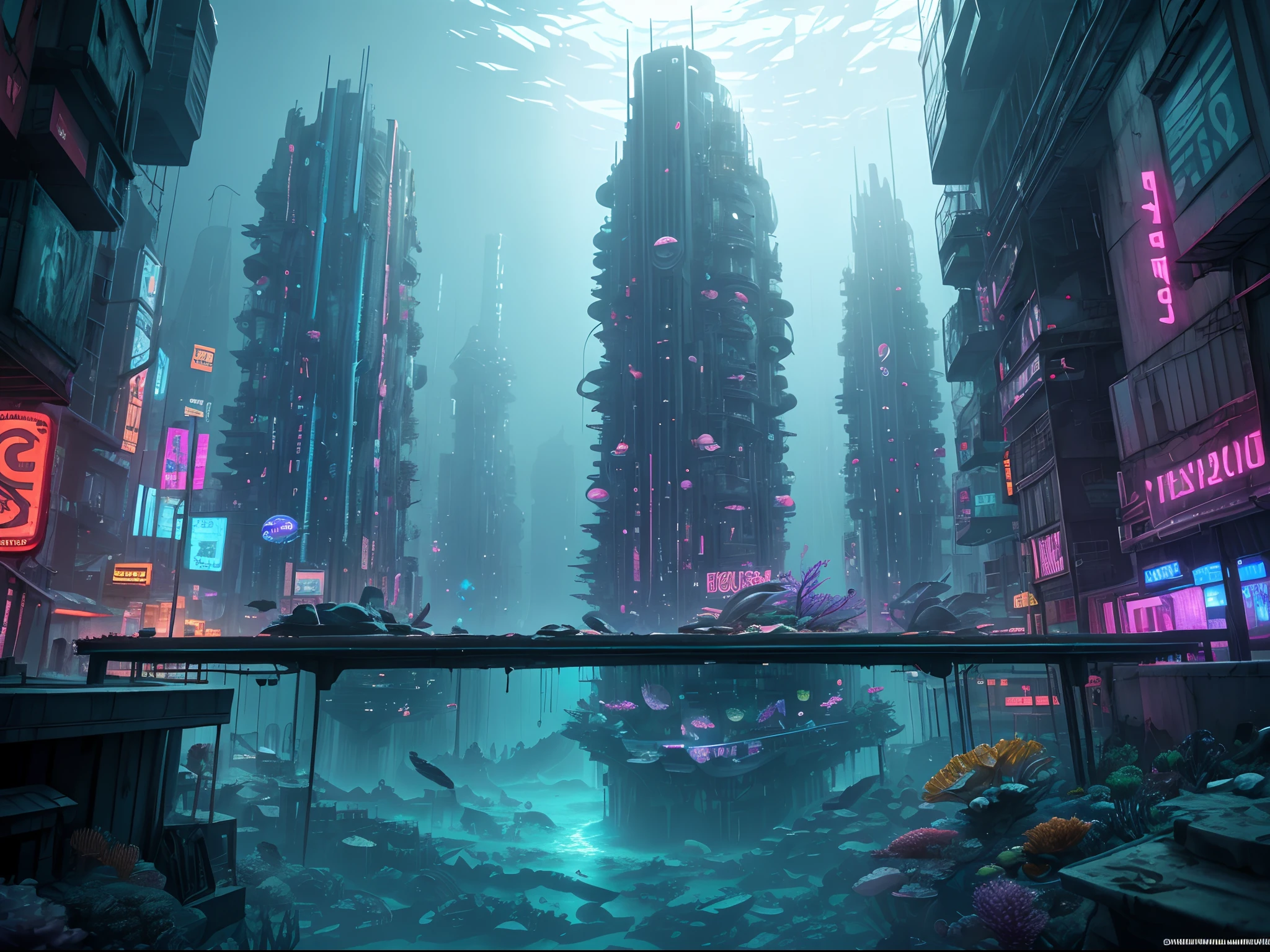 "(Underwater_City),Descend into a submerged metropolis, where the city's architecture is a fusion of sleek cybernetics and decaying ruins. The water's currents carry whispers of a forgotten past, while the neon lights and holographic projections hint at a vibrant future. This is a cyberpunk city, forever trapped beneath the waves."