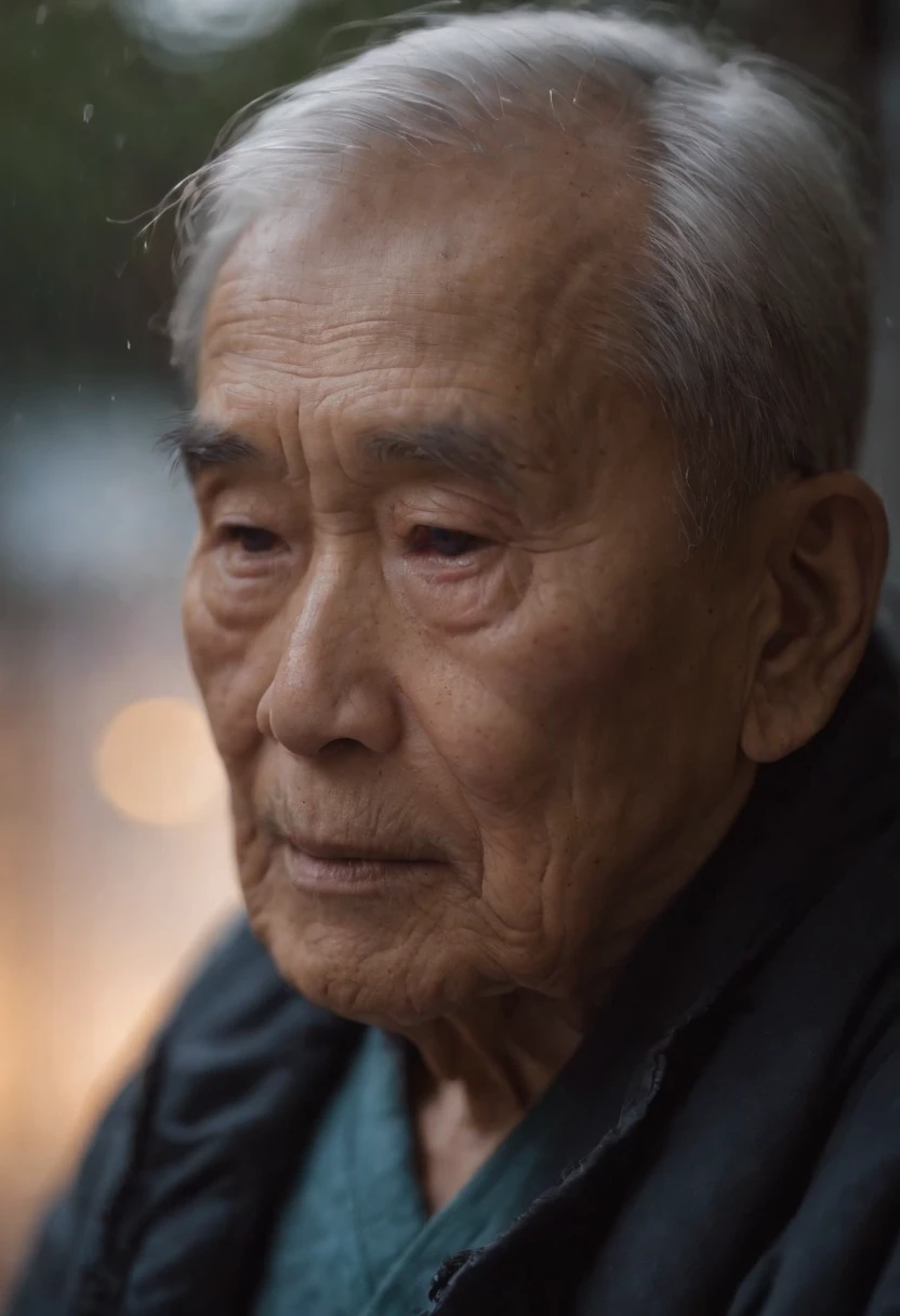 90-year-old Chinese grandfather，Loneliness in a rainy night was written all over the face