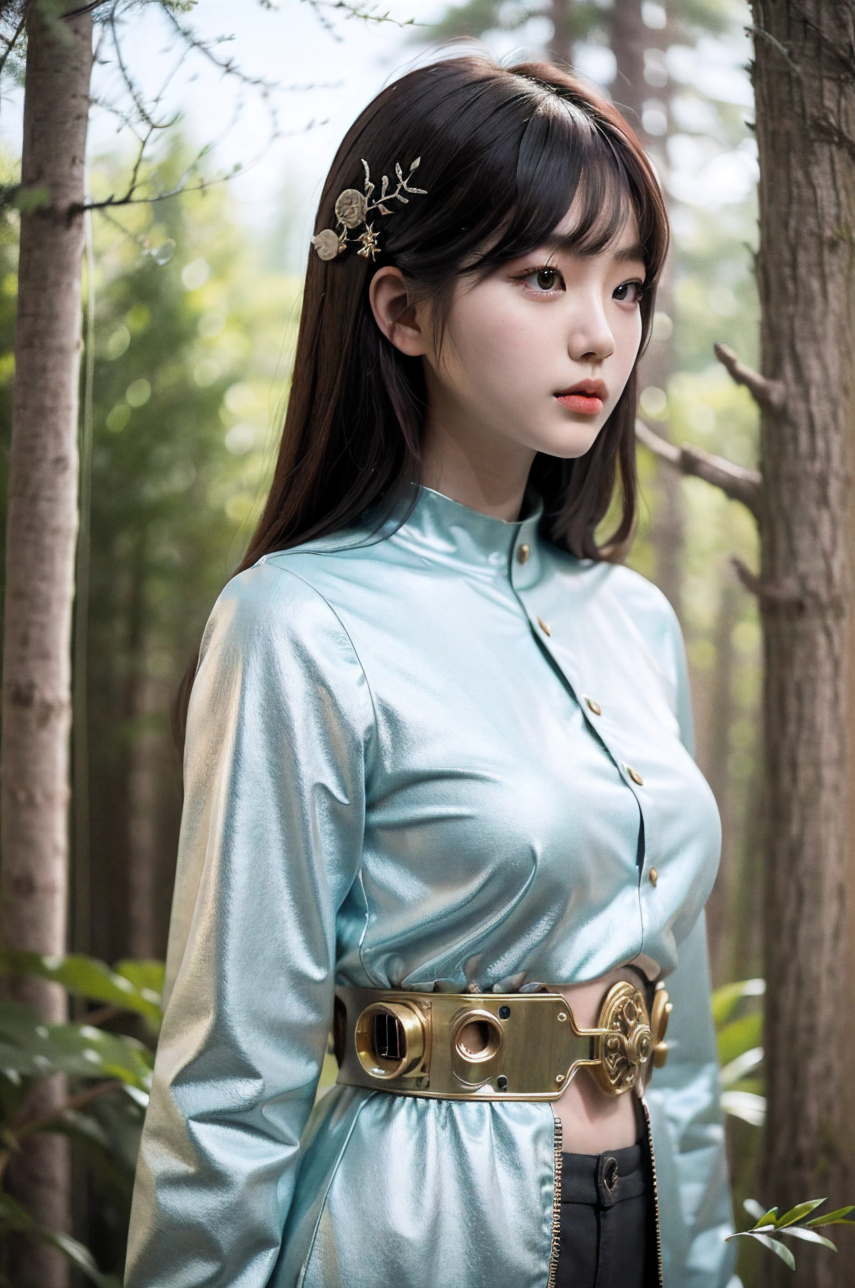 (best quality:1.4), intricate detailed, 20 years old korean girl, cyborg, detailed forest