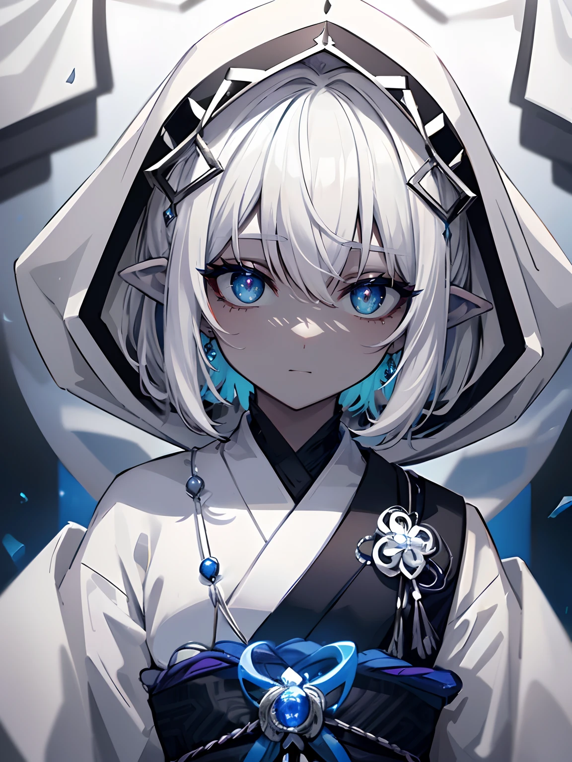 (masterpiece,best quality,ultra-detailed),1girl,glowing eyes, short hair,(multicolored hair,grey black and white hair),pointy ears,(colored skin,blue-gray skin), beautiful and detailed face, detailed eyes,shiromuku,only white,((white kimono,hood,front)),small chest,