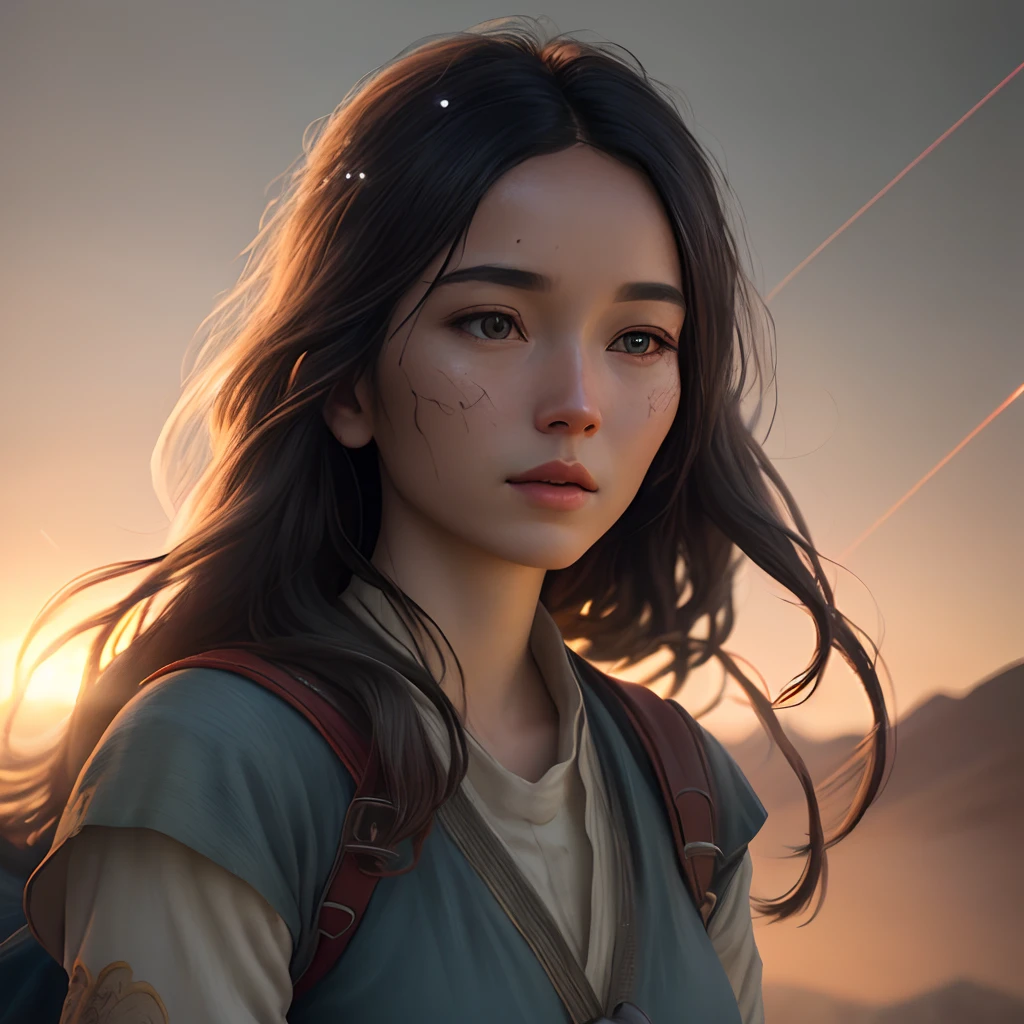 (RAW photo, best quality), (realistic, photo-realistic:1.3),best quality,highly detailed,masterpiece,ultra-detailed,illustration,1girl,upper_body,dynamic angle,world masterpiece theater,messy_long_hair,best quality,extremely detailed CG unity 8k wallpaper,ink,Amazing,cinematic lighting,lens_flare,,dunhuang_style