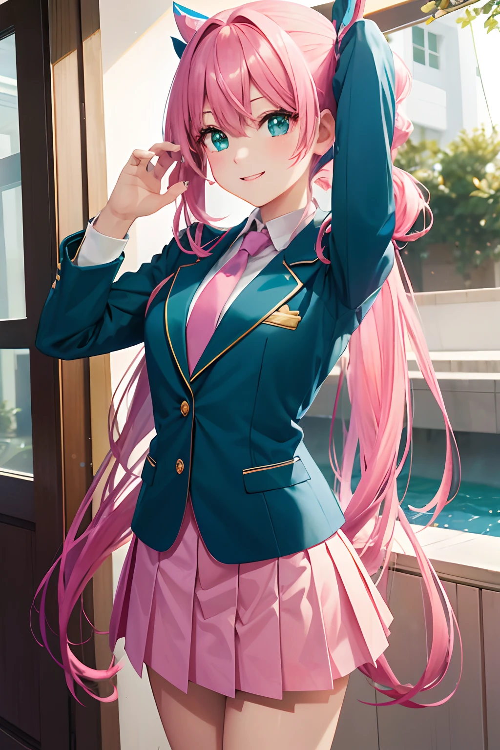 (hoang lap,hight resolution,Hyper-detailing,nffsw),tmasterpiece,best qualtiy,1girll ,Handsome,Long pink twin tail hair,A detailed face,Pink twin tails、High School Uniform、Dark blue blazer、Pink mini skirt、Pink tie、Schools,date、full body Esbian、Dimples、,Glorious glitter、Self-shot,lightsmile,(teal eyes)