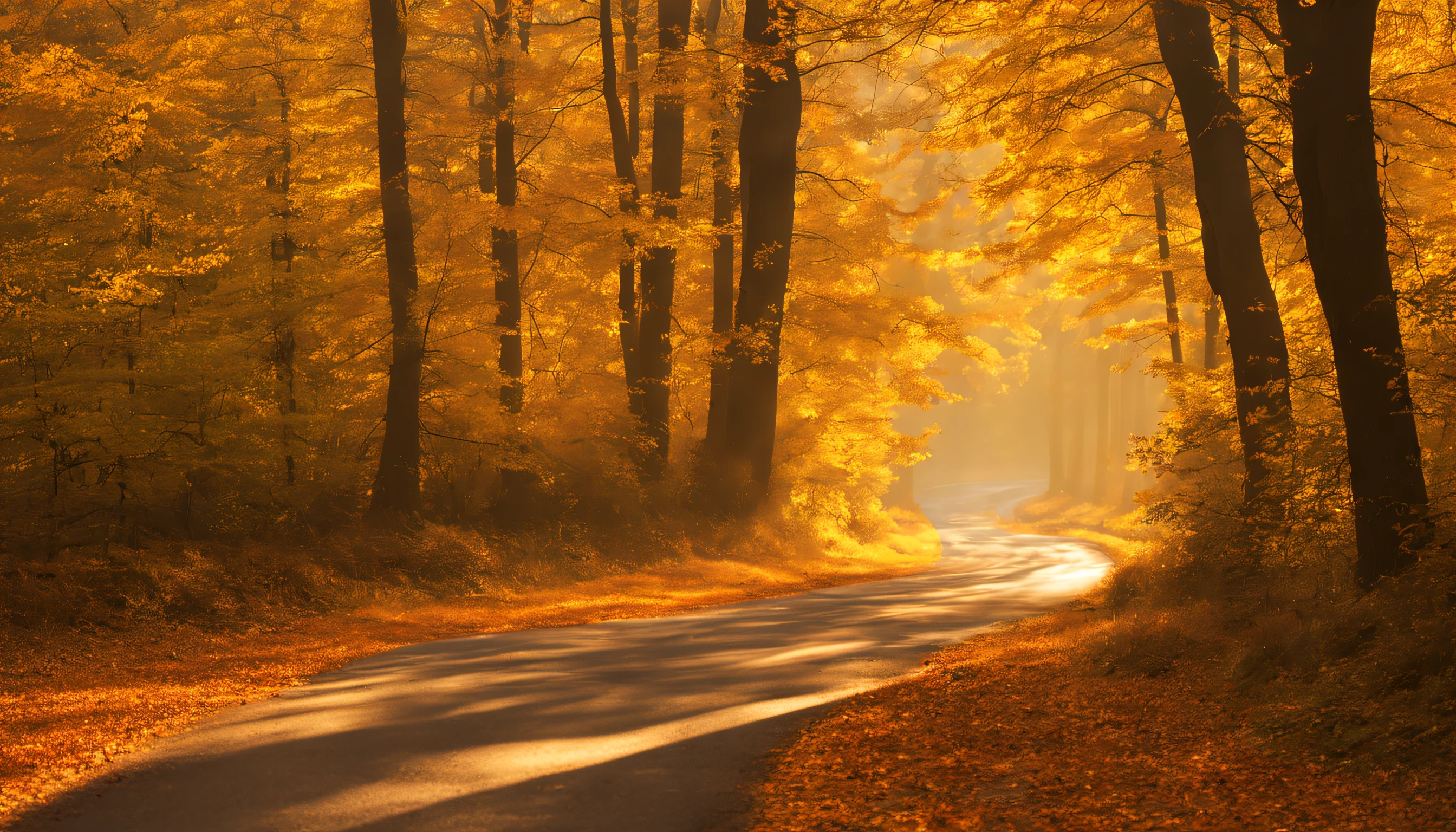 arafed road in the middle of a forest with trees and leaves, soft autumn sunlight, autumn sunlights, shutterstock, autumn light, sunny amber morning light, autumn sunrise warm light, golden autumn, tree-lined path at sunset, autumn lights, melancholy autumn light, at sunset in autumn, golden rays of sunlight, autumn forest, bright dappled golden sunlight, near leak. autumn lake