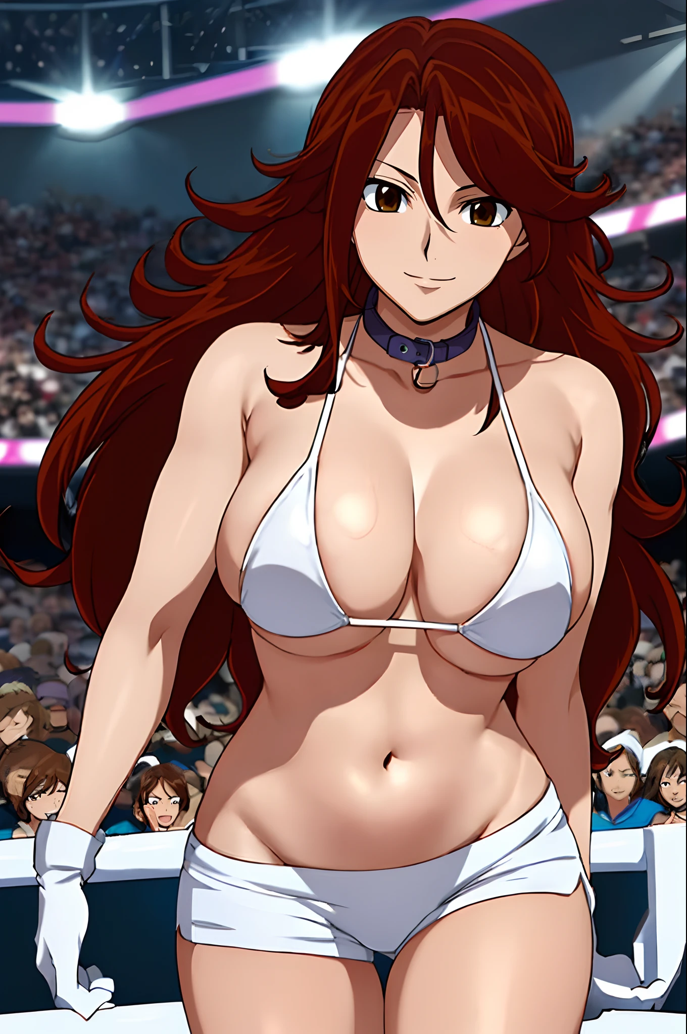 Elegant lady, body view, anime style: 1.8, anime drawing, ultra detailed face, ultra detailed body, 4k, Sumergai Lee Noriega, (standing), best quality, anime style, hires, highest definition, digital blending, bold drawing lines, ((wwe diva), (location: wrestling arena, crowds watching), ( slim body, little biceps, thighs, off-shoulders, (curvy: 2.8)), ((white bikini, shorts, groin, white gloves, collar, elbow pad)), victorious, winner, gentle, (pale skin, shiny skin, very big breasts, smile), (big eyes, brown eyes), (clapping), (brown hair, loose hair, curly hair, wavy hair, long hair, missy hair), 27 years old,