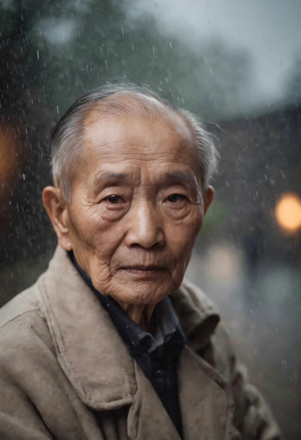 90-year-old Chinese grandfather,Loneliness in a rainy night was written all over the face