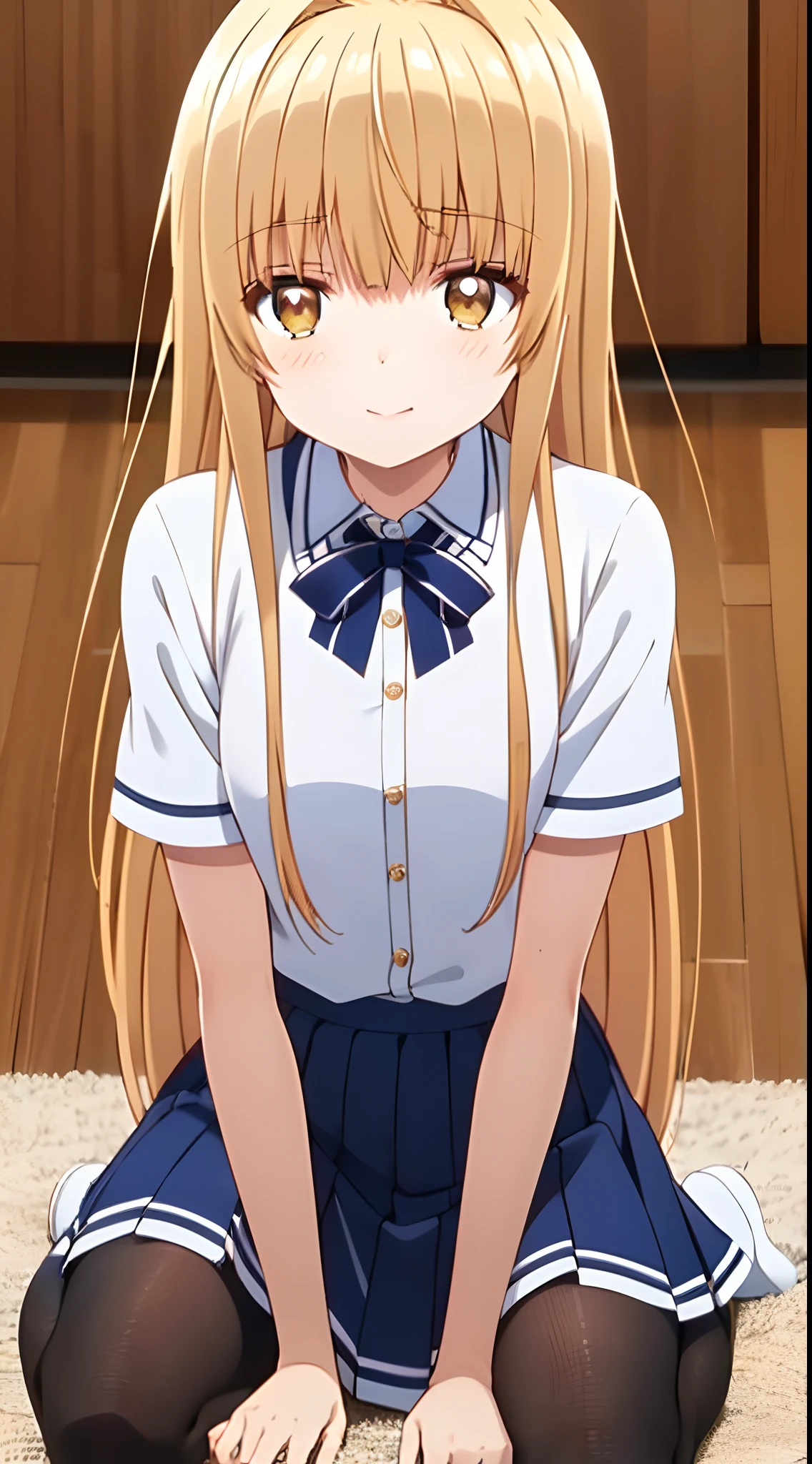 (The beauty of one beautiful girl、shiina mahiru、１８years old、Brown-eyed(High resolution eyes、Beautiful eyes、Light in the eyes)、super high precision、hiquality、top-quality、animesque、2D、Blonde Long Hair、Fine-grained skin、Red cheeks、Red ears、Mischievous、During naughty delusions、Beautiful small breasts)、Close-up representation of a single person、Full body like、Wearing a school uniform、