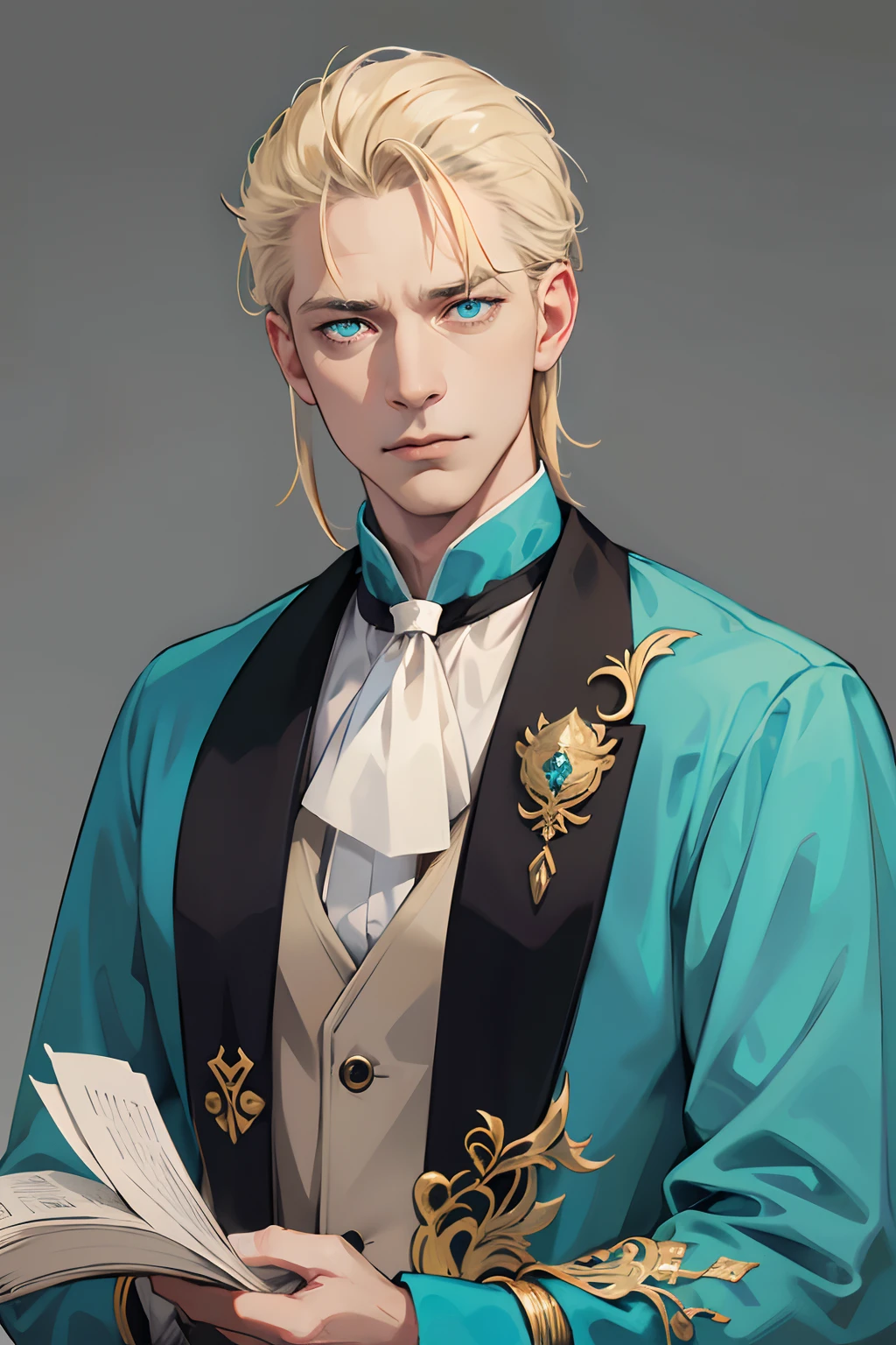 Statuesque man 48 years old adult blond man with stubble, Cyan eyes, Formal attire, Serious, Cruel, warlock, wrinkles, Plain background