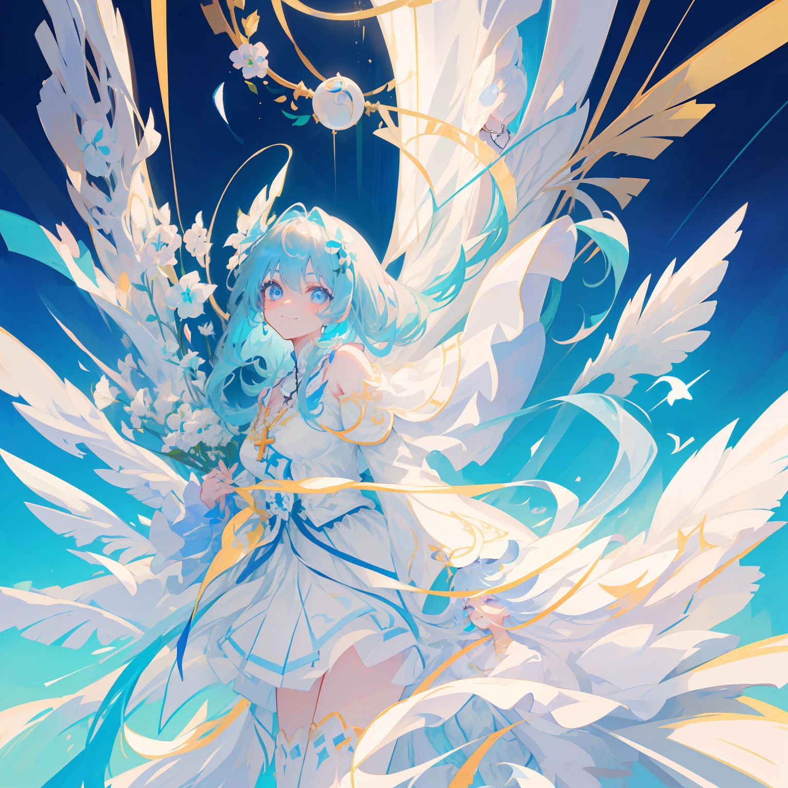 (((巨作))),(((best qualtiy))),((Ultra-detailed)),(illustration),((anextremelydelicateandbeautiful)),(beatiful detailed eyes),(detailedlight) (1girll), 独奏 , Floating_Hair,glowing light eyes,lightblue hair,eBlue eyes, double tails, Light blue sky background,Light blue Christian monument background,White panty hose,Cross necklace,Smile with (Anime style), Beautiful and delicate face,(cute face:1.3),(largeeyes:1.2),(Priestly Maiden Costume),Details installed,(Magic effects:1.3),Flowing skirt,(sheer cloth:1.2),Clear facial features