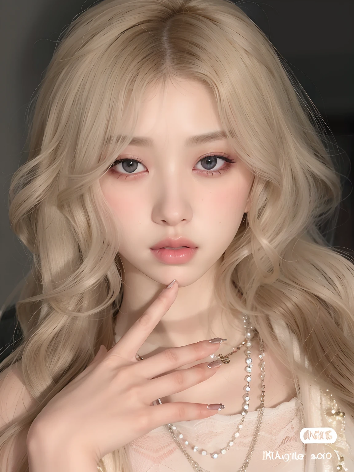 um close up de uma mulher com longos cabelos loiros e um colar, pale porcelain white skin, pale skin curly blond hair, Ulzzang, maquiagem sul-coreana popular, Parque Roseanne do Blackpink, pale fair skin!!, longos cabelos loiros e olhos grandes, Retrato de Jossi de Blackpink, very very pale blond hair, cabelos loiros e olhos grandes, porcelain pale skin