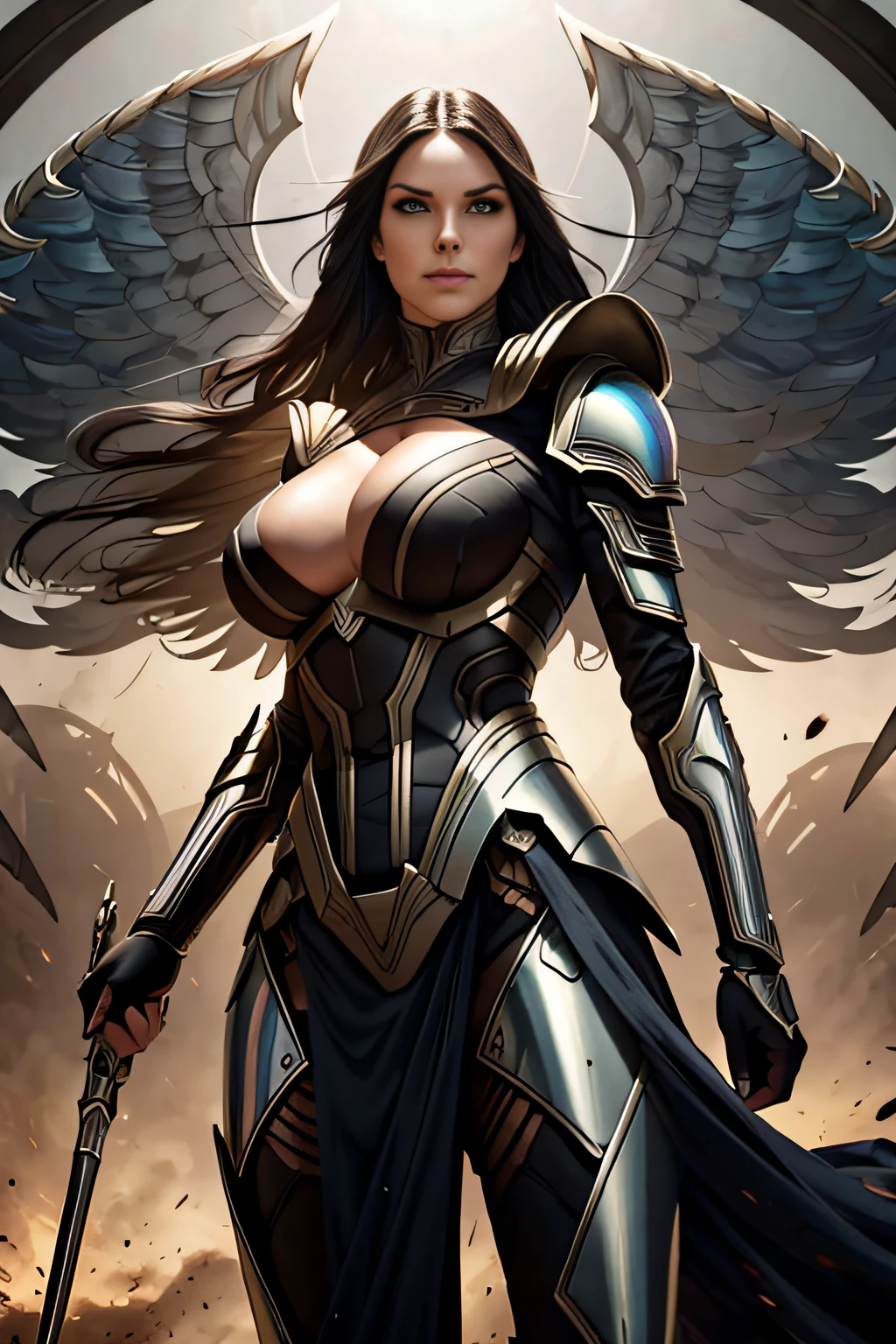 Serra Angel- painted portrait by Edward Hopper / Strong contrast__hr_giger_art___flowing_contours__biomechaical__airbrush___strange__amazing_fashion_magazine_cover__art_deco_border___porcelain_and_platinum / A futuristic looking woman with porcelain armour/ elaborate intricate colourful iridescent armour / face of Kendra Lust / heavy eye shadow / Valkyrie / vengeful , shadow & smoke motif background, glorious battle scene