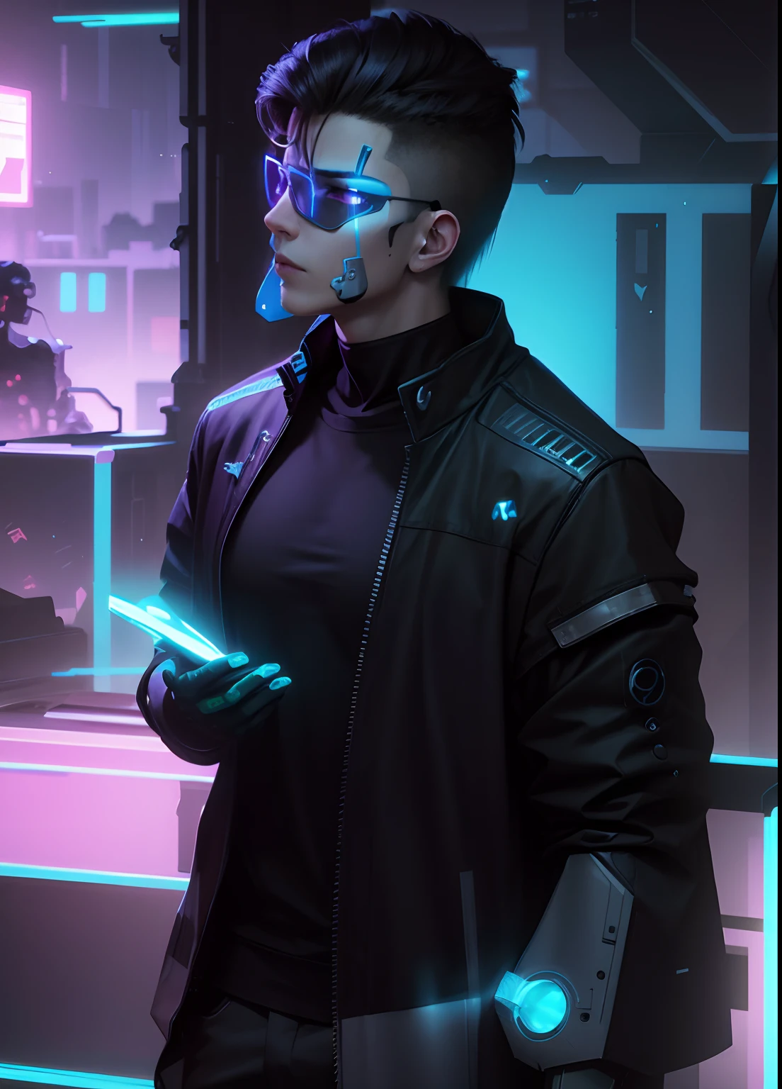 Change back ground cyborpunk handsome boy really strict face 8k. Ultra really strict