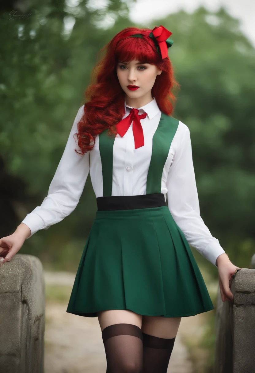 masterpiece, white shirt, green skirt ,red tie, red hair ribbon, white stockings, 8k, lin, green hair