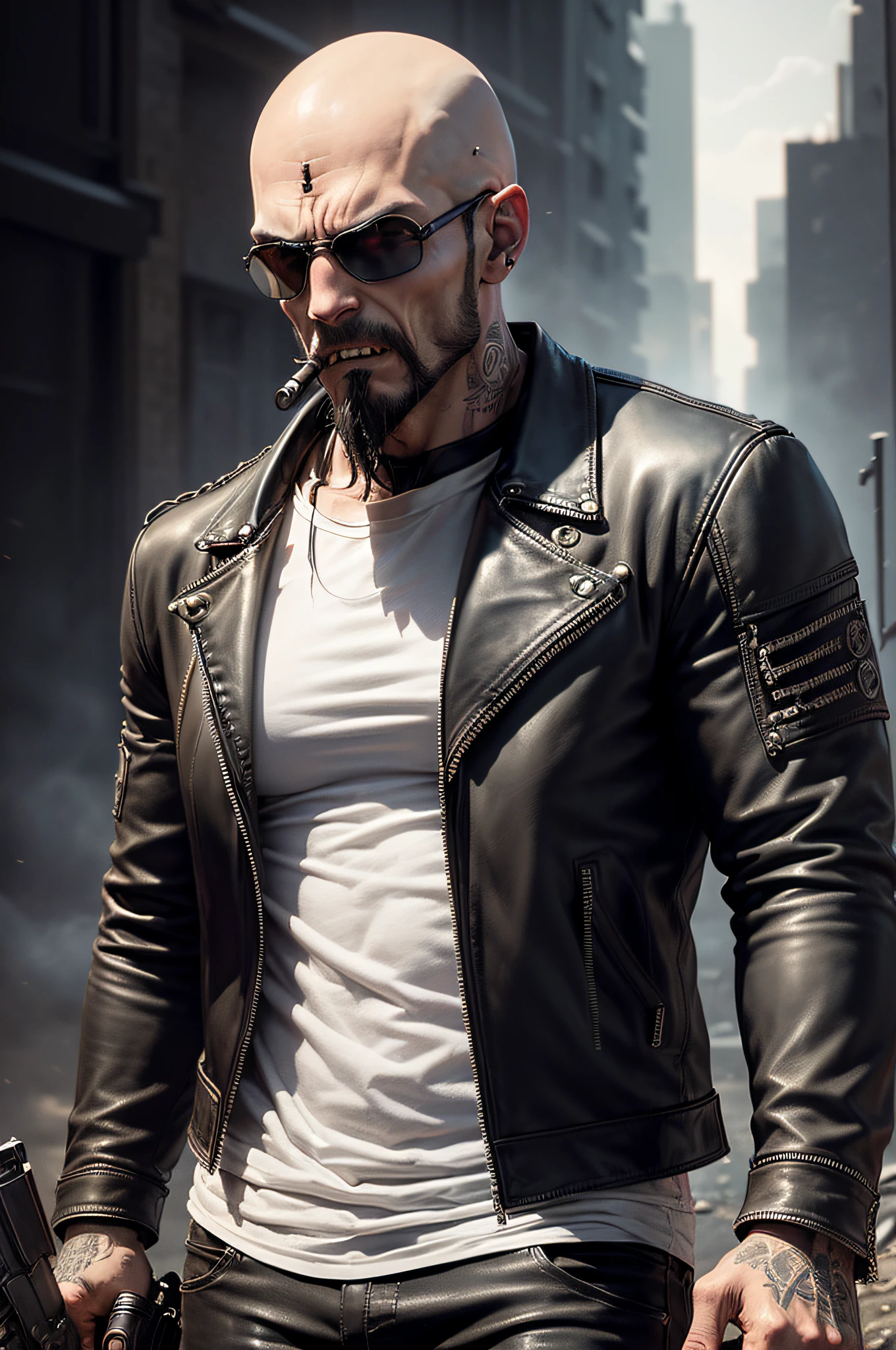 midnight, male Biker, loose jeans, Cowboy boots, bald head, medium length beard, fit, tattoos, ((Leather biker jacket:1.5)), (loose white t-shirt:1.4), aviator glasses, (((handgun in right hand:1.3))), ((mouth opened showing fangs:1.4)), walking toward the camera, background city streets walking away from a car exploding, (masterpiece, best quality), (perfect hands), (hyper-realistic:1.6), (detailed face), (award-winning), (sharp), (8k resolution), (cinematic lighting), colors: dark and gloomy, (haunting), (intense expression), (detailed skull emblem), (eerie atmosphere), (comic book vibe),(gritty), (dramatic shadows), (dynamic pose), (ominous vibe), (artistically rendered), (sinister), (captivating), (gothic), (mysterious setting), (moody color palette), (expertly painted), (uneasy feeling), (intricate detailing), (sinister smile), (foreboding), (captivating eyes), (horror elements), (captivating composition), (impressive anatomy),(striking contrast), (foreboding mood), (exquisite craftsmanship), (intriguing character design)