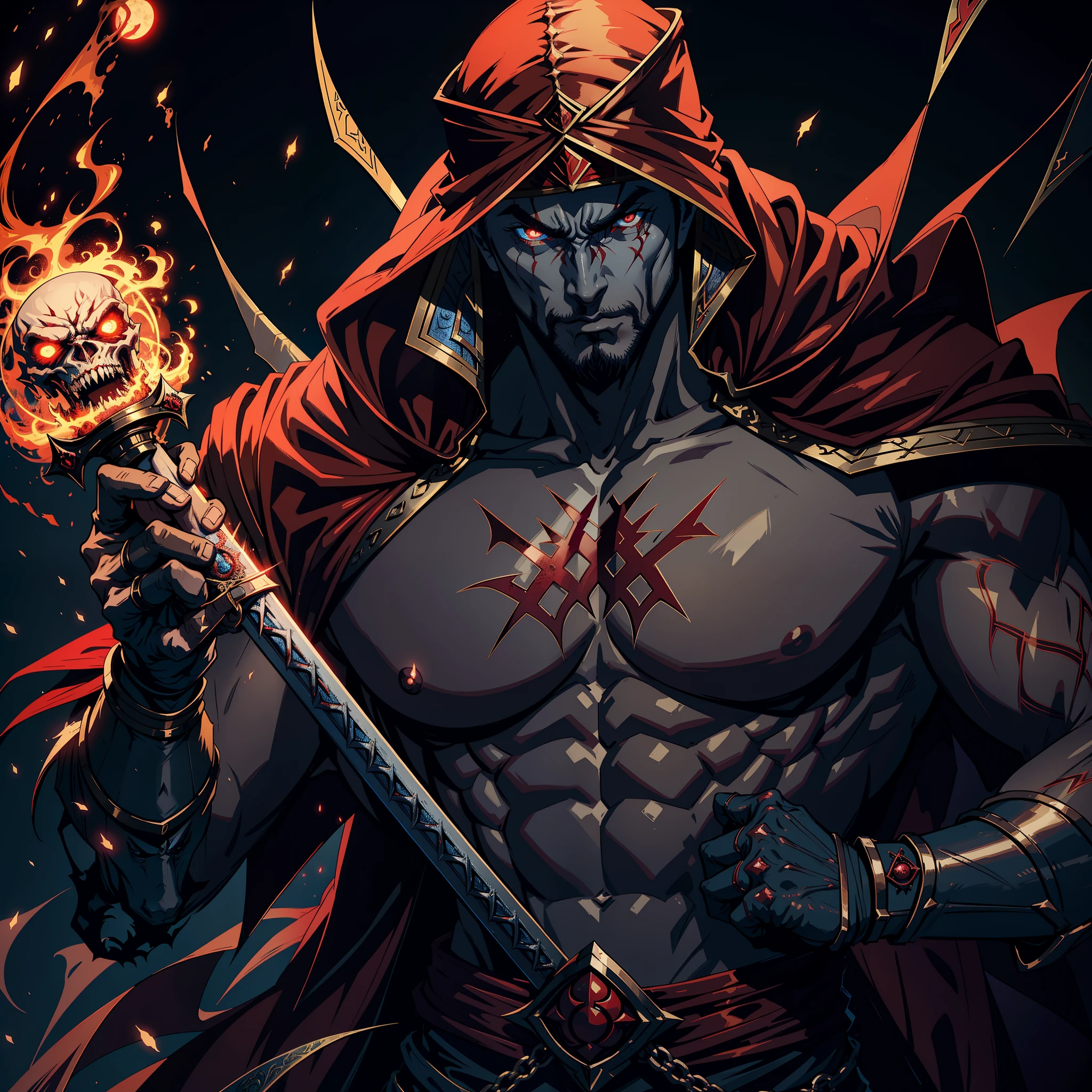 Castlevania Hyper Realistic Shadow Lord Super Detailed Dynamic Shot Master Piece of Lord Dracula Medieval Arab Warrior with Red Turban Scary Face Hokuto No Ken Structure Muscular Face Kenshiro Troops at the head Army of demons to fight sharp details Cinematic Scenes Epic Movie Movie Hyper Realistic Movie Legendary Movie Epic Movie