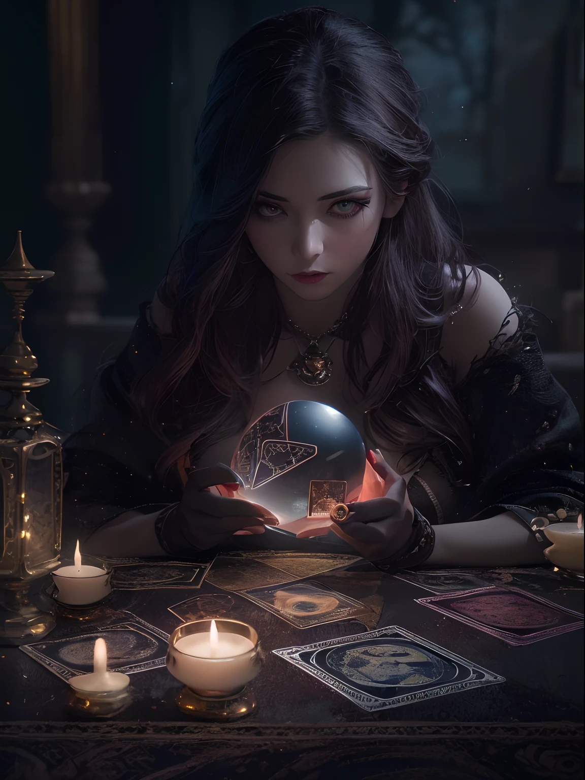 (masterpiece, high resolution:1.3), (photo of a woman in her dark and mysterious environment:1.2), (Sony Alpha 1 camera, renowned for capturing exceptional detail and low-light performance:1.2), (paired with the Sony FE 24-70mm f/2.8 GM lens for a versatile and sharp composition:1.2), (the woman surrounded by an aura of mystery and intrigue:1.1), (her dark clothing and enigmatic expression adding to the atmosphere:1.1), (Sony Alpha 1 camera capturing the intricate textures and subtle shades in the low-light setting:1.2), (a table adorned with tarot cards, spread out in a mystic formation:1.1), (candles flickering, casting dancing shadows around the room:1.1), (the dim lighting adding to the ambiance of secrecy and mysticism:1.1), (the woman's eyes focused on the cards, as if seeking answers from the unknown:1.1), (a crystal ball nearby, adding to the mystical setting:1.1), (symbols of astrology and esoteric knowledge decorating the room:1.1), (a hint of incense in the air, adding to the sensory experience:1.1), (the photo capturing the woman's connection with the spiritual world and her mysterious aura:1.1), (a moment frozen in time, capturing the intense and introspective atmosphere of divination:1.1), (an image that invites viewers into a world of magic and spiritual insight, leaving them intrigued and curious:1.1), Cinematic, Hyper-detailed, insane details, Beautifully color graded, Unreal Engine, DOF, Super-Resolution, Megapixel, Cinematic Lightning, Anti-Aliasing, FKAA, TXAA, RTX, SSAO, Post Processing, Post Production, Tone Mapping, CGI, VFX, SFX, Insanely detailed and intricate, Hyper maximalist, Hyper realistic, Volumetric, Photorealistic, ultra photoreal, ultra-detailed, intricate details, 8K, Super detailed, Full color, Volumetric lightning, HDR, Realistic, Unreal Engine, 16K, Sharp focus, Octane render