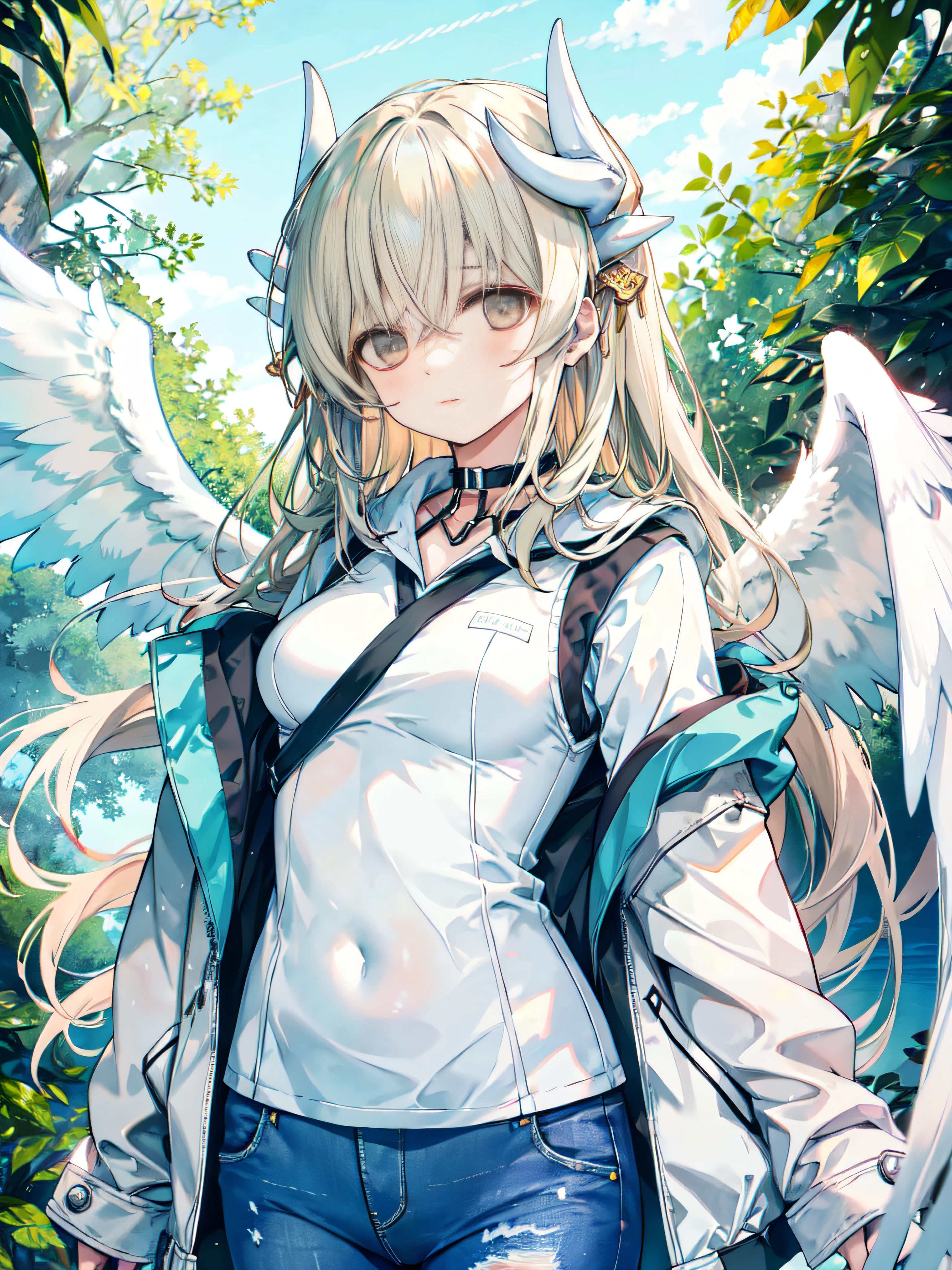 1girll, Medium breasts, Blonde hair, Long hair, Wavy hair, With gray eyes, White feathered wings, angel, Outdoors, White jacket, choker necklace, vests, Jeans