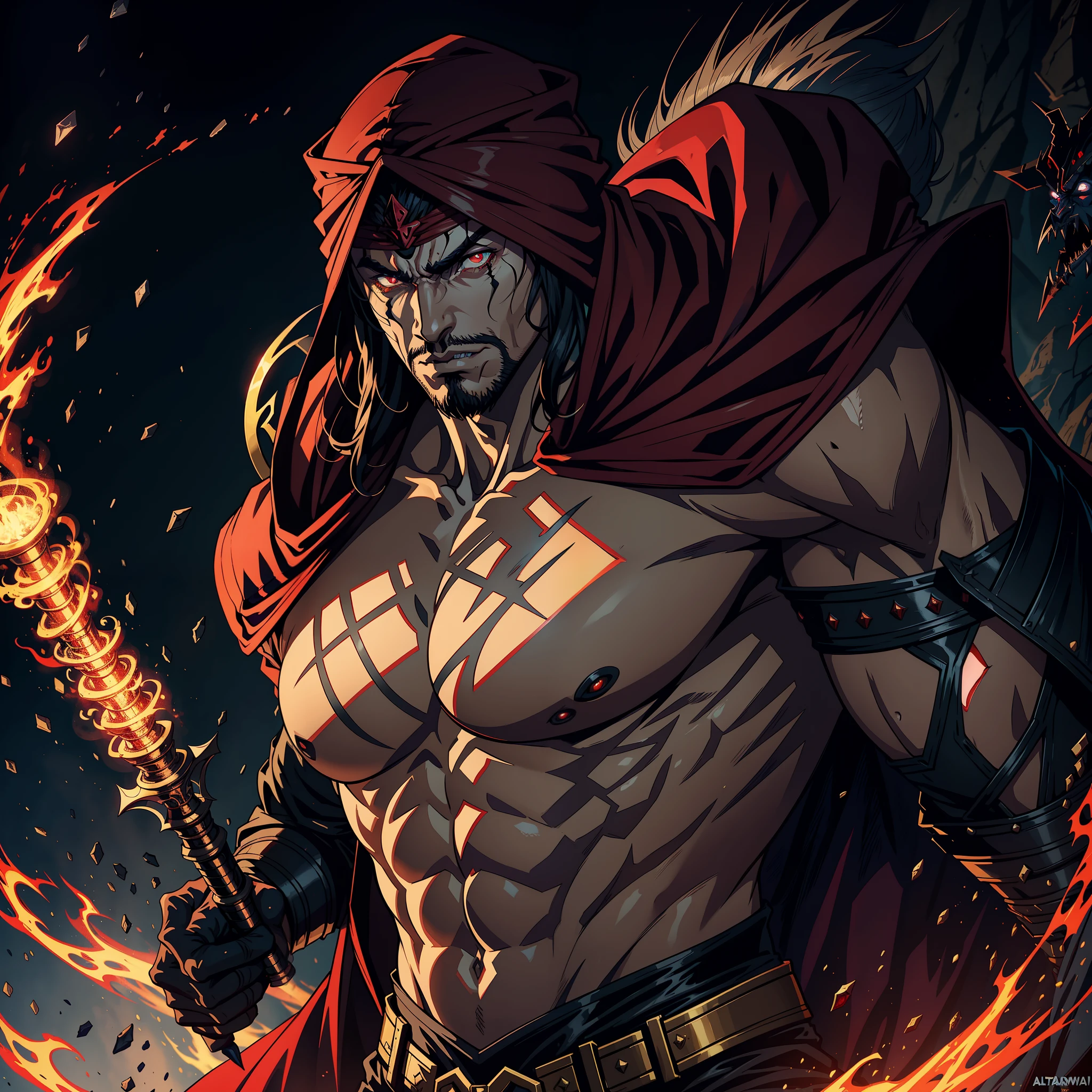 Castlevania Hyper Realistic Shadow Lord Super Detailed Dynamic Shot Master Piece of Lord Dracula Medieval Arab Warrior with Red Turban Scary Face Hokuto No Ken Structure Muscular Face Kenshiro Troops at the head Army of demons to fight sharp details Cinematic Scenes Epic Movie Movie Hyper Realistic Movie Legendary Movie Epic Movie