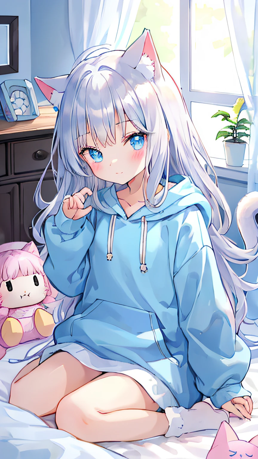 beautiful illustration、top-quality、e lita room、PastelColors、Fluffy cat ears、小柄、Silver long hair、Stuffed cat、Bright lighting、bright light blue eyes、games、Dabo Dabo Light Blue Hoodie