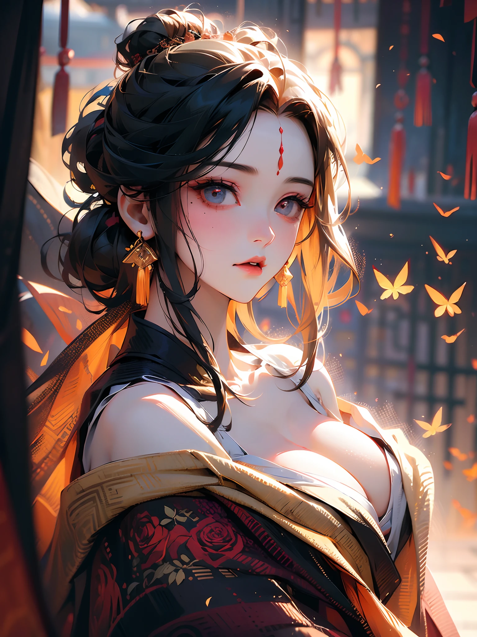 (masterpiece), best quality,top quality rich background, big breast,busty,beautiful detailed hair ,detailed eyes,watery eyes,Lying silkworm eyebrows,glowing eyes,{short hair|Shaggy cut|Long bold side bangs|Sleek pixie cut|High top knot|Voluminous updo|Undercut},detailed face, 1 lady, solo, cowboy shot, perfect feminine face, very stunning woman, tangdynasty,nontraditional hanfu,((off shoulders)),((rose golden hair)),mask,red pupils,long eyelashes,blushing,mole under eyes,backlit,rim light,earrings