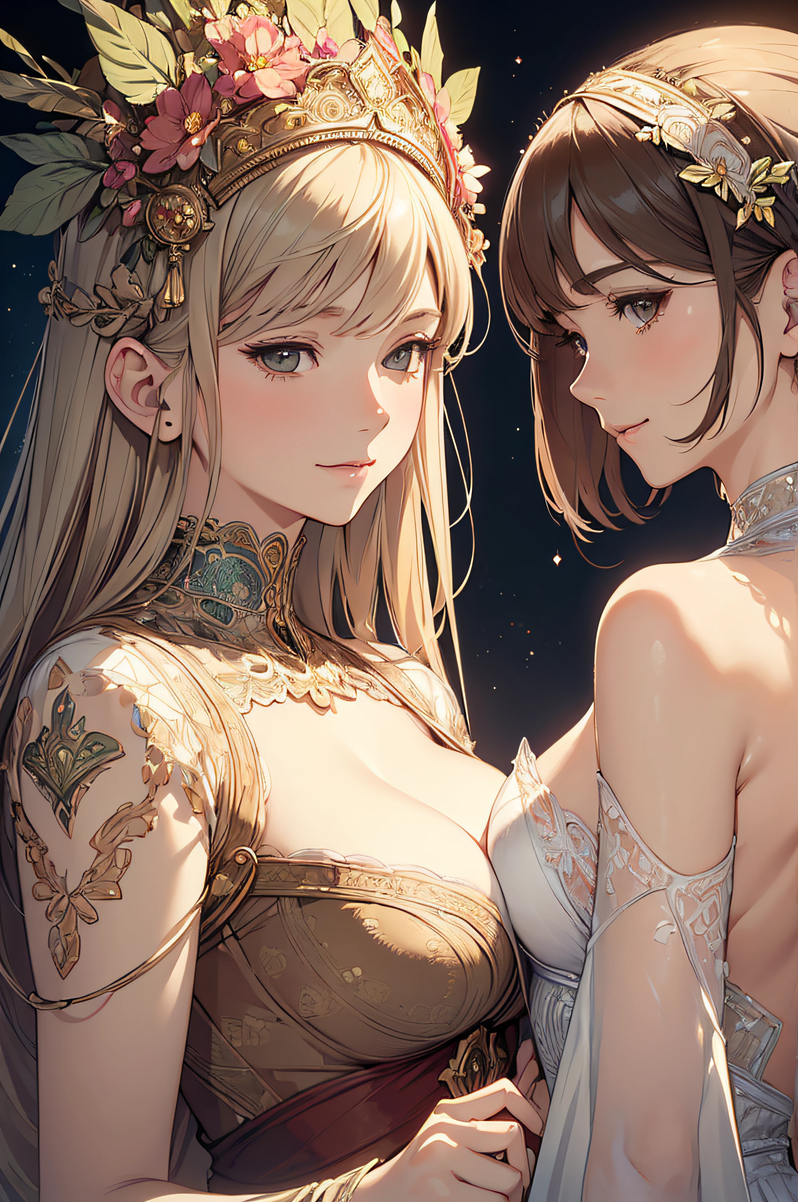two mature women, (((Masterpiece))), ((((Best quality)))), (((Ultra-detailed))), (CG illustration), ((Extremely delicate and beautiful)),(Cute and delicate face),Cinematic light, smiling, (geometric:1.2), decorative headdresses, range murata, decorative clothing, cleavage, detailed background, art nouveau, alphonse mucha