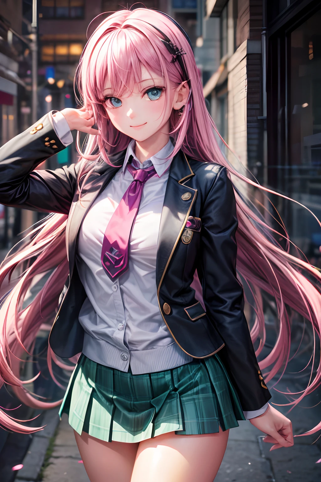 (hoang lap,hight resolution,Hyper-detailing,nffsw),tmasterpiece,best qualtiy,1girll ,Handsome,cabelos preto e longos,A detailed face,full body Esbian、A dark-haired、High School Uniform、pink blazer、Dark blue mini skirt、Pink tie、Schools、Full body S screw、Self-shot,lightsmile,(teal eyes)