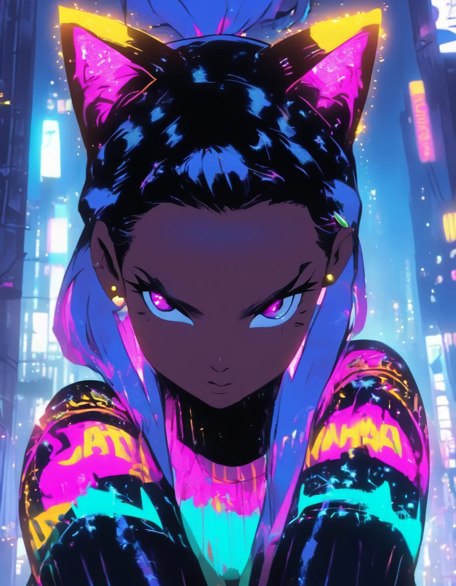 (paisagem da cidade cyberpunk) () Nyonix, mulher anime cyberpunk, posing from behind in Metropolis with a rebellious spirit. Her hair seemed to dance under neon lights, The color changes with each heartbeat. Her costume is a fusion of threads, circuito, e moda urbana, Decorado com placas de neon，Cintilar como uma luz da cidade. Nyonix exudes an aura of technical prowess, Como se pudesse invadir as cidades ao seu redor. In your presence, Paisagens urbanas cyberpunk ganham vida, Holographic billboard changes to show your message，The air was filled with mechanical hums and protest slogans, bunda grande, jeans quente, menina spacepunk,(((1girl))),((menina bonita com orelhas de gato brilhantes e luminosas)), (seios grandes:1.4),Sagging Tits,((cabelos pretos,black messy hair,cabelos internos coloridos,cabelos grandes,cabelos absurdamente longos e despenteados:1.35,cabelos pretos longos,ear breathing)),((((orelhas de gato,cat ears on her head,Orelhas de gato grande)))),(((olhos cor-de-rosa:1.3,olhos virados para cima:1.3,olhos perfeitos,belos olhos detalhados,belos olhos finamente detalhados:1,symmetric eyes:1))),((gordura)),(((Pele Lustrosa:1.5,pele brilhante: 1.5,pele bronzeada,pele brilhante,pele muito brilhante,corpo brilhante,plastic glitter skin,pele brilhante exagerada,pele iluminada,pernas molhadas))),(abdome inferior da aranha,cintura estreita,quadril largo,corpo atletico,pernas infladas,delicados dedos detalhados,corpo detalhado,human hands,(Rosto detalhado)), fofo,Sacanagem,sedutor,Erotic,(((NSFW))), Zettai Ryouiki,Roupas reveladoras,mostrar pele,(((Peito Inferior))),(clivagem),(seminu,com pouca roupa,((Tiny floss)),pernas nuas,Visible floss bracelets),((((Hoodie Crop Top,Capuz cropped,Capuz,capuz intrincado)))),((roupas molhadas,roupa detalhada,roupas detalhadas)), (dynamic pose:1.0),foco solo,Embarrassed,(Centrado,scale to fit dimensions,rule of thirds), Cyberpunk city by the sea at night, com sinais de