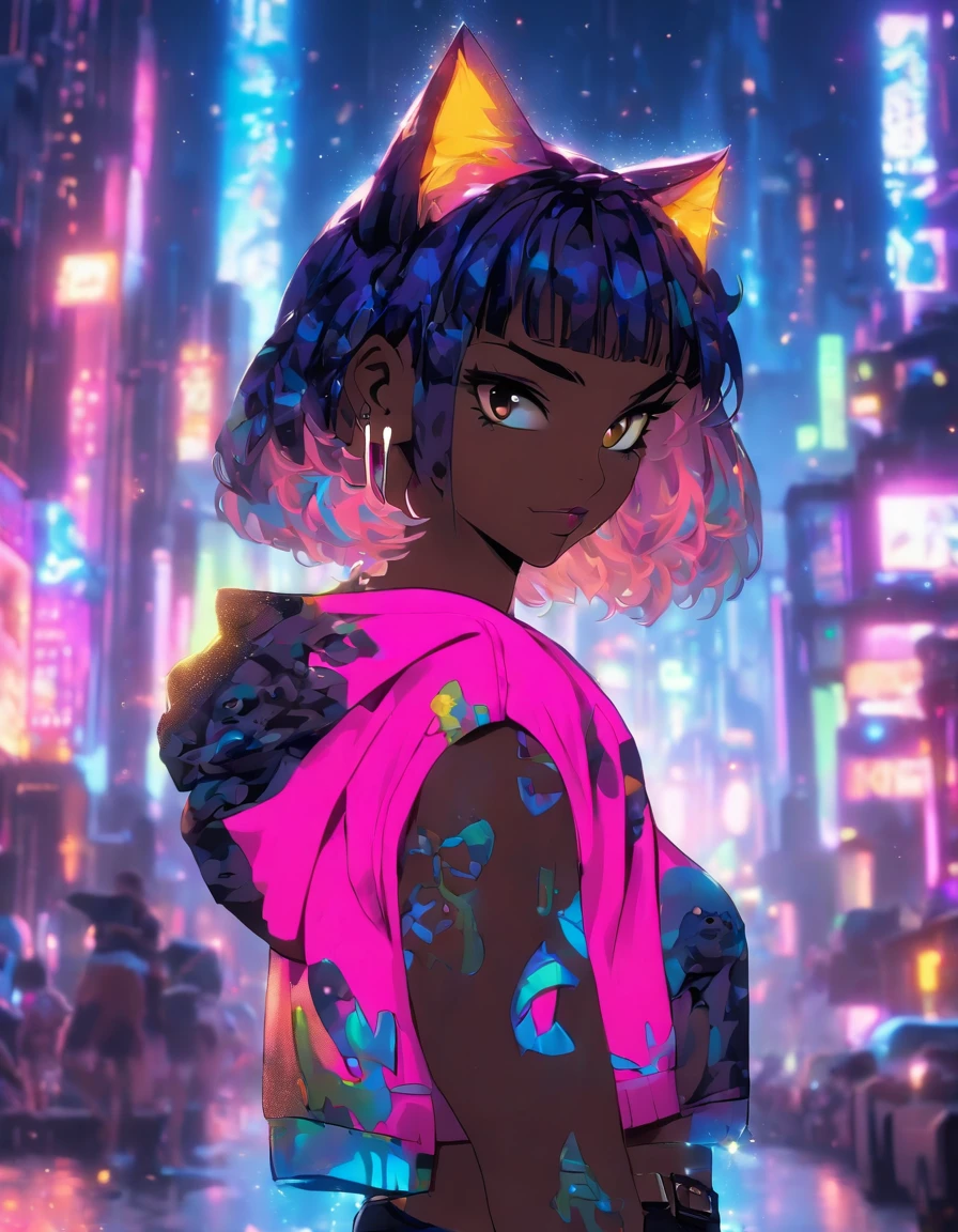 (paisagem da cidade cyberpunk) () Nyonix, mulher anime cyberpunk, posing from behind in Metropolis with a rebellious spirit. Her hair seemed to dance under neon lights, The color changes with each heartbeat. Her costume is a fusion of threads, circuito, e moda urbana, Decorado com placas de neon，Cintilar como uma luz da cidade. Nyonix exudes an aura of technical prowess, Como se pudesse invadir as cidades ao seu redor. In your presence, Paisagens urbanas cyberpunk ganham vida, Holographic billboard changes to show your message，The air was filled with mechanical hums and protest slogans, bunda grande, jeans quente, menina spacepunk,(((1girl))),((menina bonita com orelhas de gato brilhantes e luminosas)), (seios grandes:1.4),Sagging Tits,((cabelos pretos,black messy hair,cabelos internos coloridos,cabelos grandes,cabelos absurdamente longos e despenteados:1.35,cabelos pretos longos,ear breathing)),((((orelhas de gato,cat ears on her head,Orelhas de gato grande)))),(((olhos cor-de-rosa:1.3,olhos virados para cima:1.3,olhos perfeitos,belos olhos detalhados,belos olhos finamente detalhados:1,symmetric eyes:1))),((gordura)),(((Pele Lustrosa:1.5,pele brilhante: 1.5,pele bronzeada,pele brilhante,pele muito brilhante,corpo brilhante,plastic glitter skin,pele brilhante exagerada,pele iluminada,pernas molhadas))),(abdome inferior da aranha,cintura estreita,quadril largo,corpo atletico,pernas infladas,delicados dedos detalhados,corpo detalhado,human hands,(Rosto detalhado)), fofo,Sacanagem,sedutor,Erotic,(((NSFW))), Zettai Ryouiki,Roupas reveladoras,mostrar pele,(((Peito Inferior))),(clivagem),(seminu,com pouca roupa,((Tiny floss)),pernas nuas,Visible floss bracelets),((((Hoodie Crop Top,Capuz cropped,Capuz,capuz intrincado)))),((roupas molhadas,roupa detalhada,roupas detalhadas)), (dynamic pose:1.0),foco solo,Embarrassed,(Centrado,scale to fit dimensions,rule of thirds), Cyberpunk city by the sea at night, com sinais de