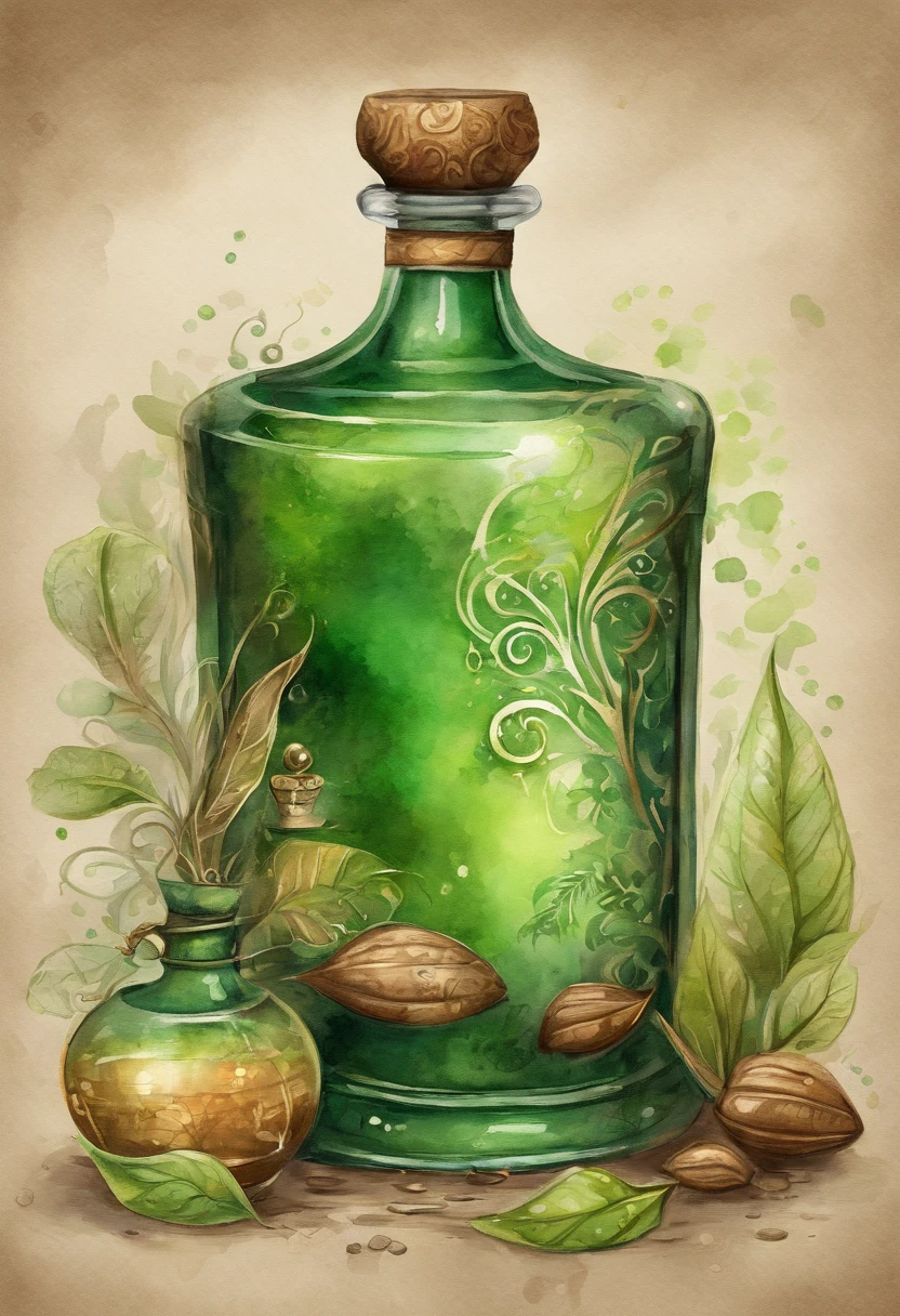 (best quality, highres, ultra-detailed, realistic:1.37), vibrant green iridescent round potion, with a sophisticated metallic bronze brodo motif, game-themed potion style, cork lid

Supplement the details：
- A potion with a vibrant green, glowing iridescent color.
- The potion is round in shape.
- The potion is adorned with intricate details in a sophisticated metallic bronze color. The details can be motifs or patterns inspired by games.
- The potion has a cork lid, adding an antique touch to its appearance.