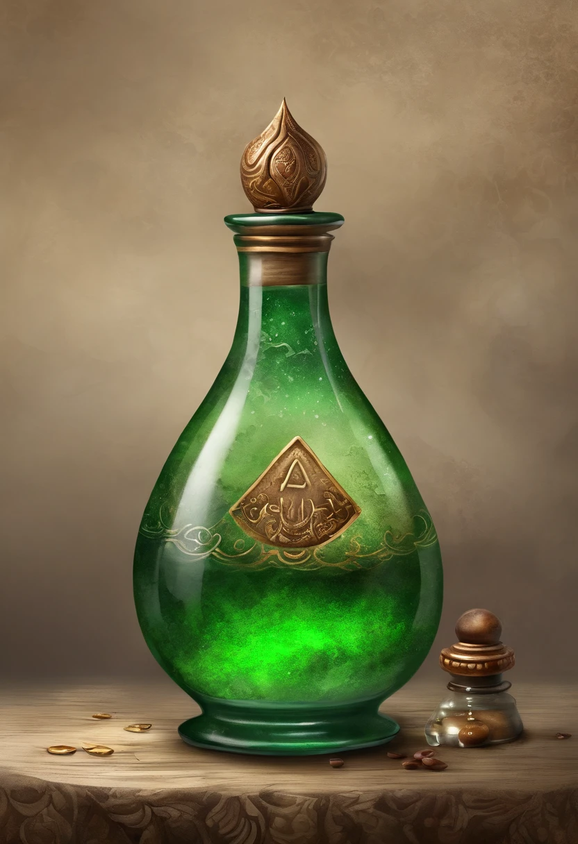(best quality, highres, ultra-detailed, realistic:1.37), vibrant green iridescent round potion, with a sophisticated metallic bronze brodo motif, game-themed potion style, cork lid

Supplement the details：
- A potion with a vibrant green, glowing iridescent color.
- The potion is round in shape.
- The potion is adorned with intricate details in a sophisticated metallic bronze color. The details can be motifs or patterns inspired by games.
- The potion has a cork lid, adding an antique touch to its appearance.